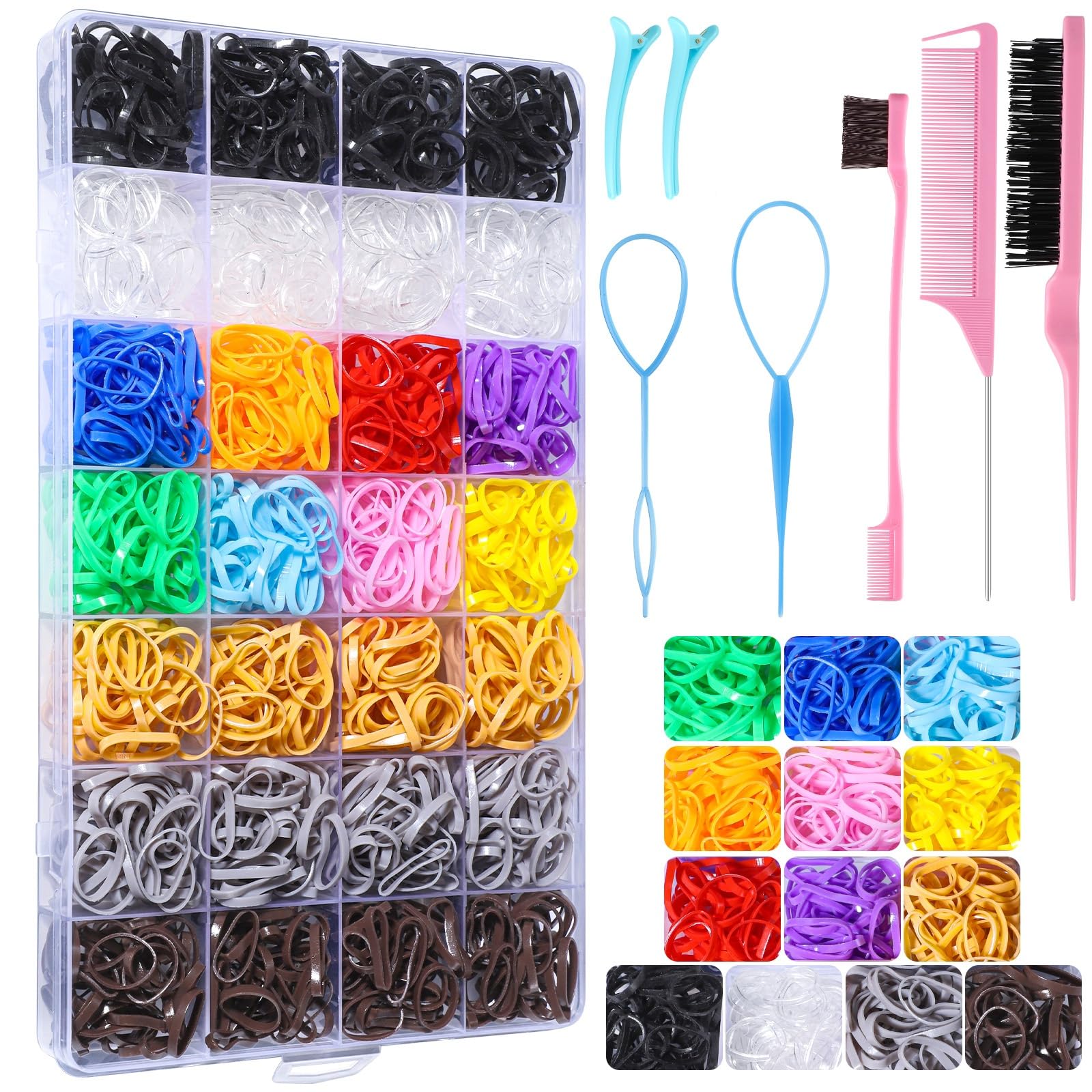 Rubber Bands and Hair Styling Tools Set: 1500 Pcs Elastic Hair Ties with Organizer Box, Baby/Toddler Hair Accessories Gift for W