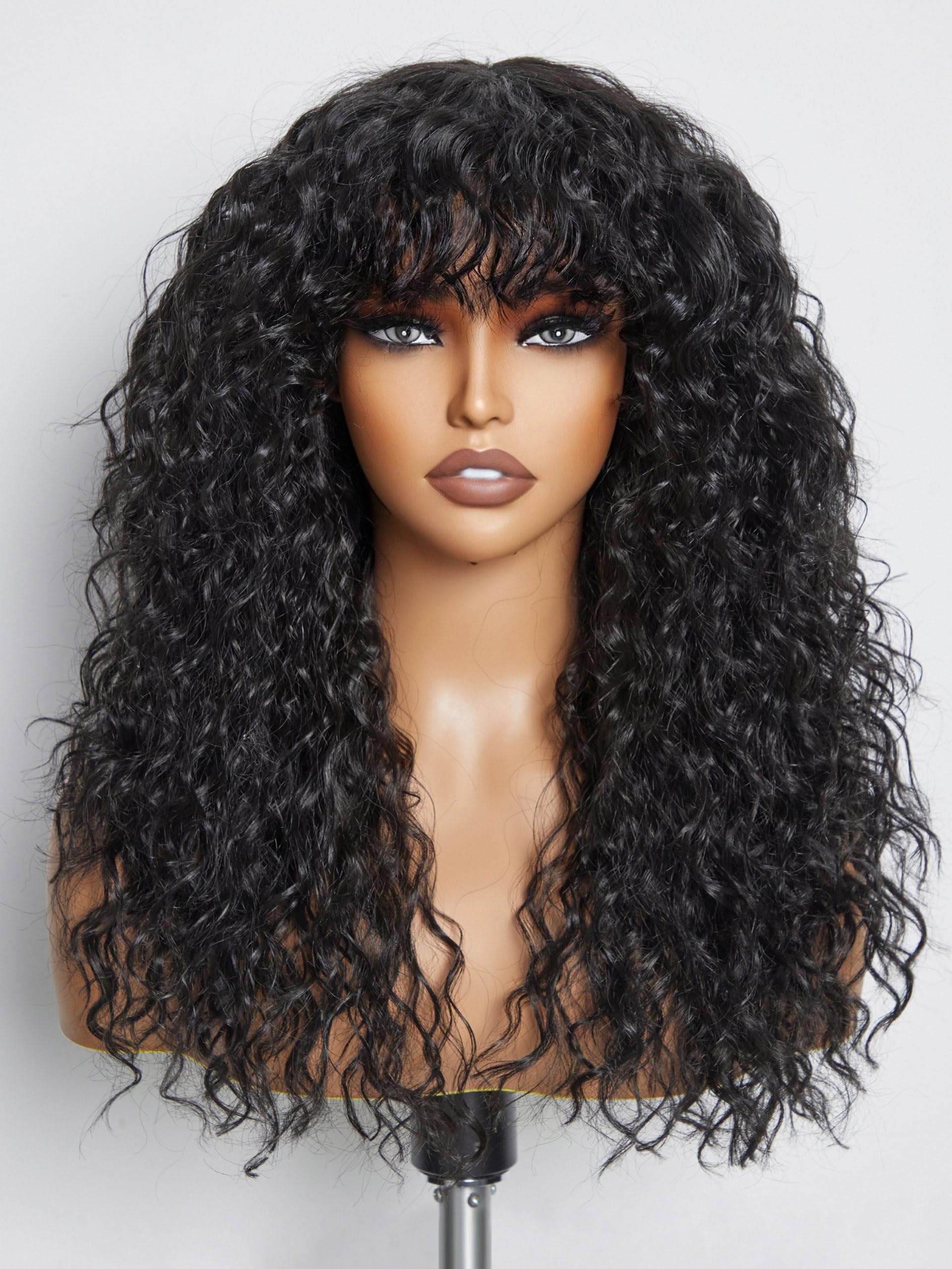 GORGIUS Shaggy Haircuts Natural Black Curly Wig with Bangs Crafted with Style-Archive Technology: Premium Fiber & Remy Human Hai