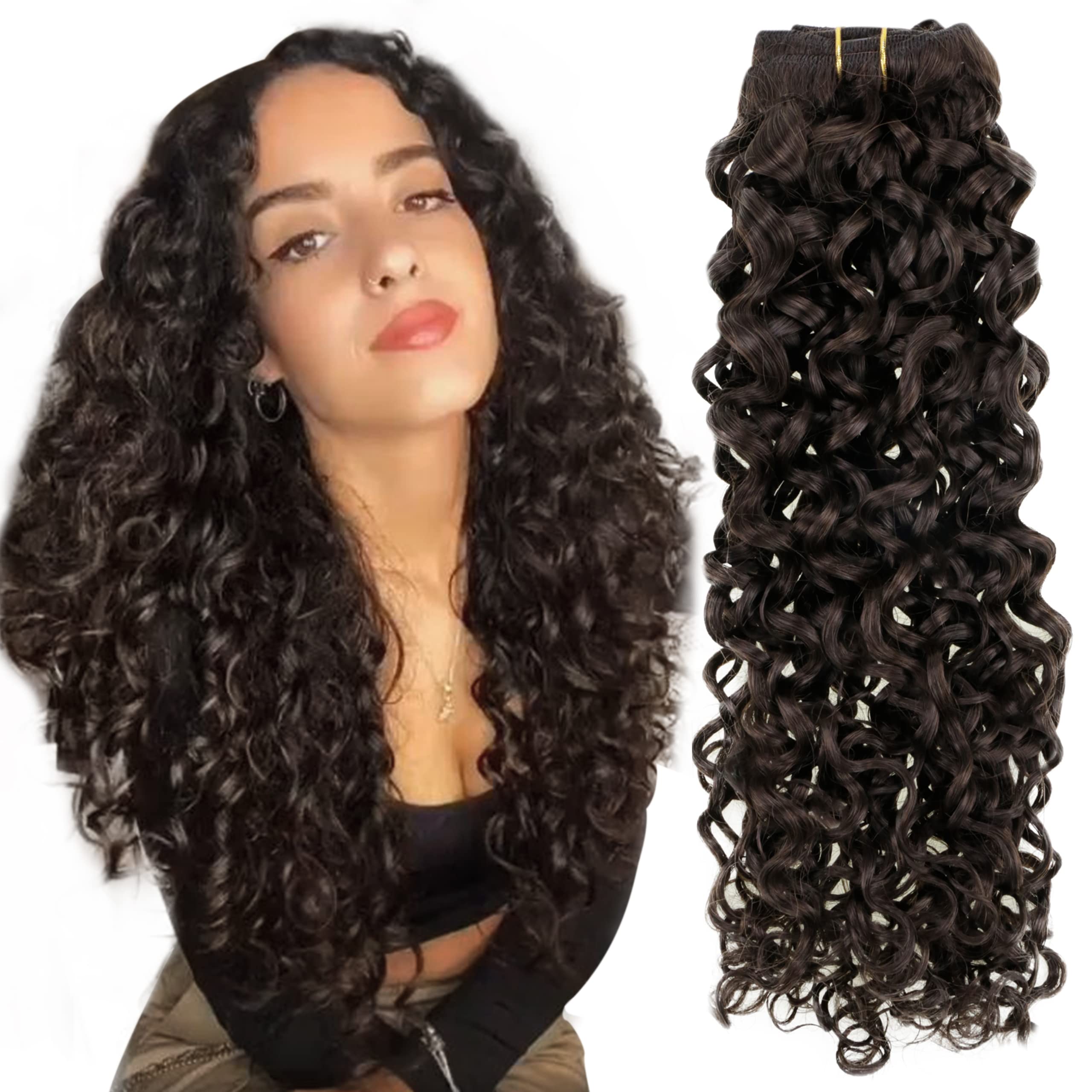 Hetto 14'' Curly Clip in Hair Extensions Human Hair #2 Darkest Brown Clip in Extensions Natural Wave Hair 105+20 Grams 7 Pieces