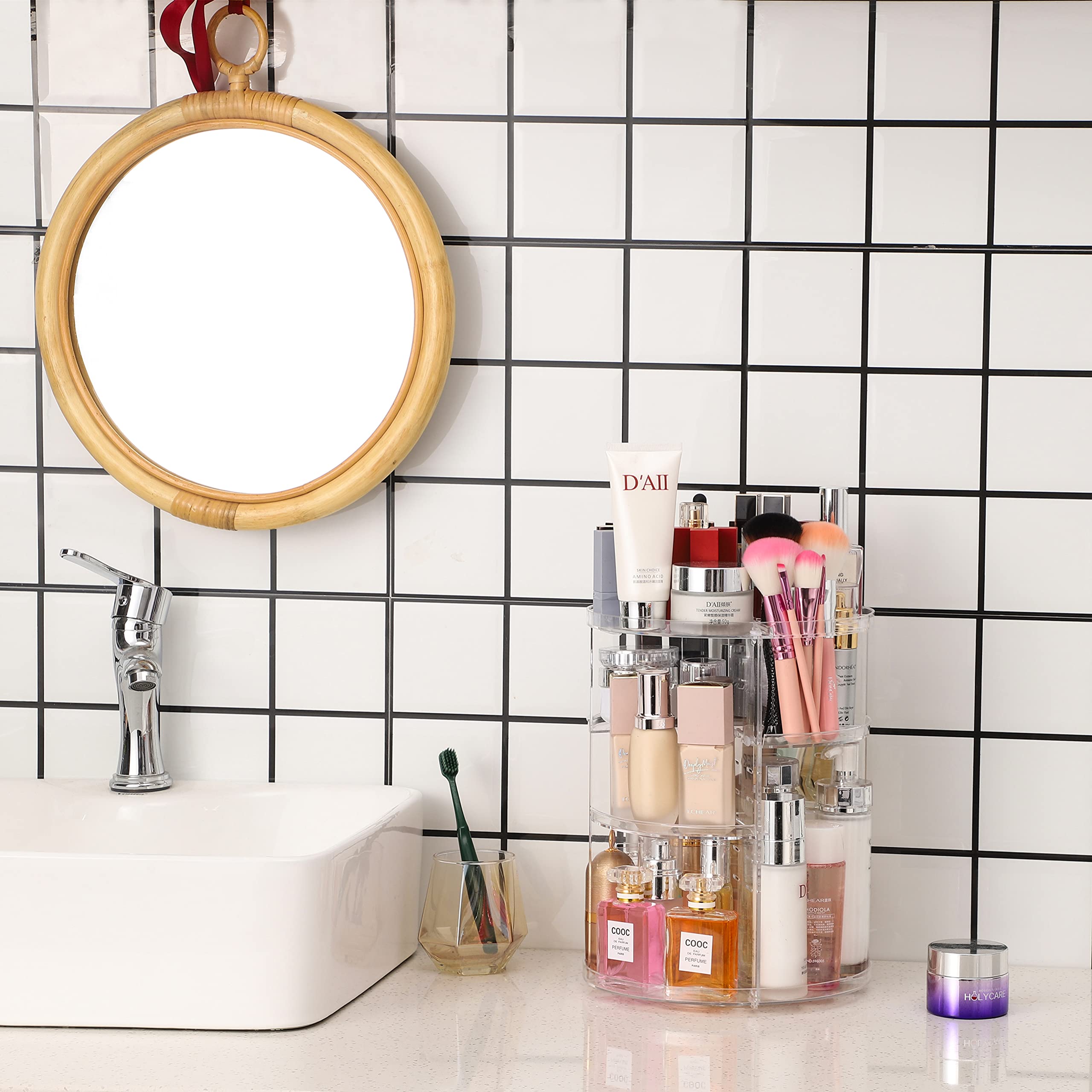Cq Acrylic 360 Degree Rotating Makeup Organizer Countertop For Vanit,Adjustable Make Up Holder Height,Clear Plastic Spinning Ski