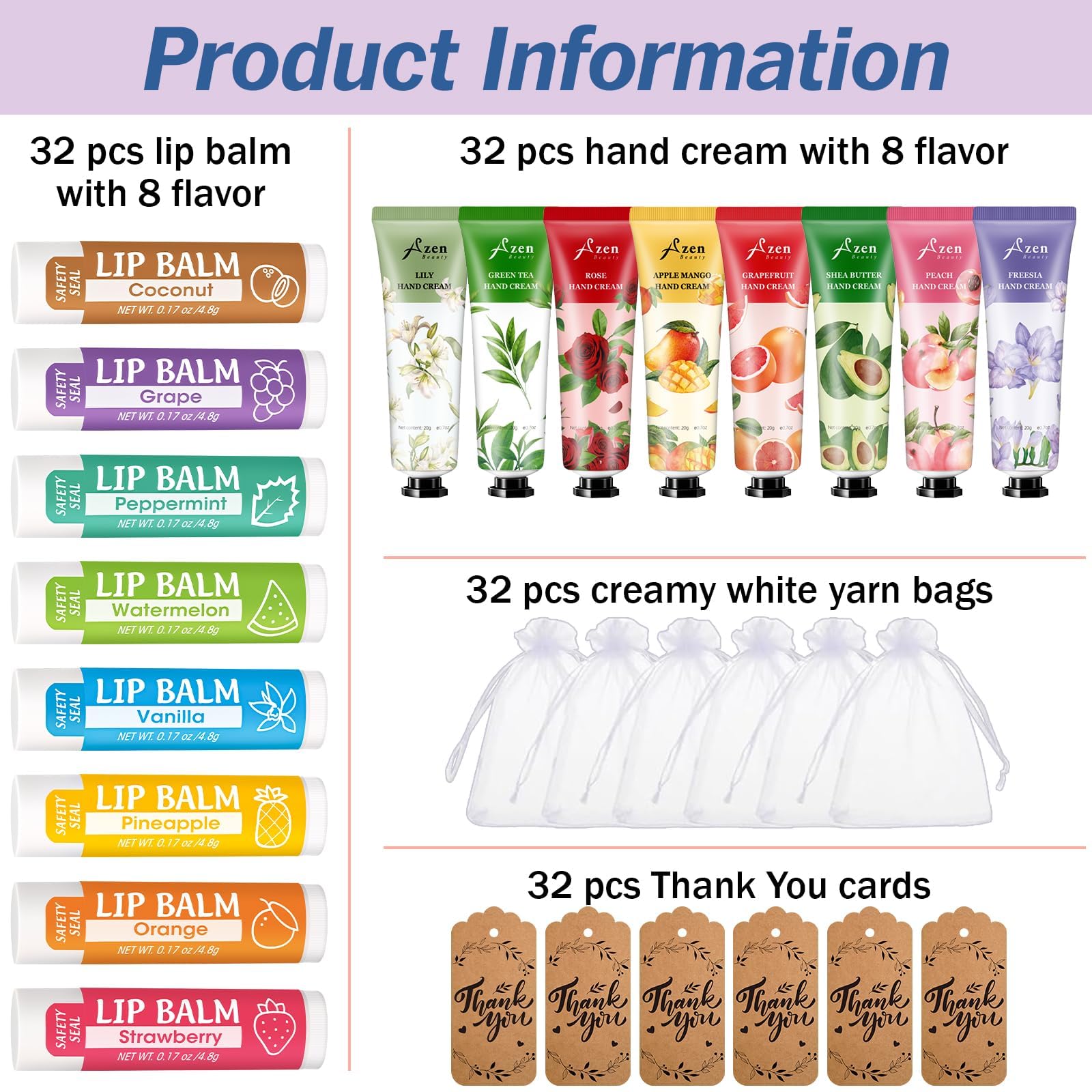 AZEN 32 Sets Bulk Gifts, Hand Cream and Lip Balm Bulk Set with Organza Bag Thank You Card, Baby Shower Wedding Gifts for Guests,