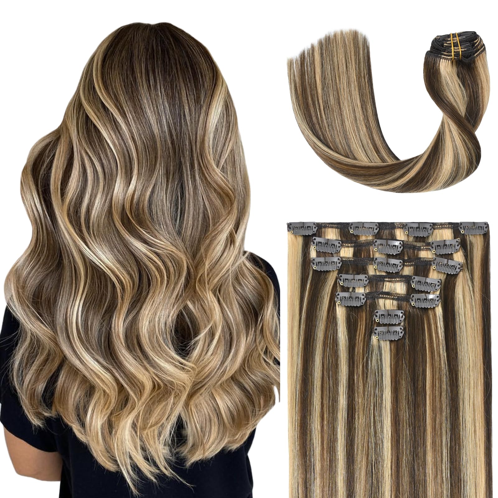 UGOTRAYS Clip in Hair Extensions Highlight Chocolate Brown to Caramel Blonde, 18 Inch 70g Real Human Hair Extensions Double Weft
