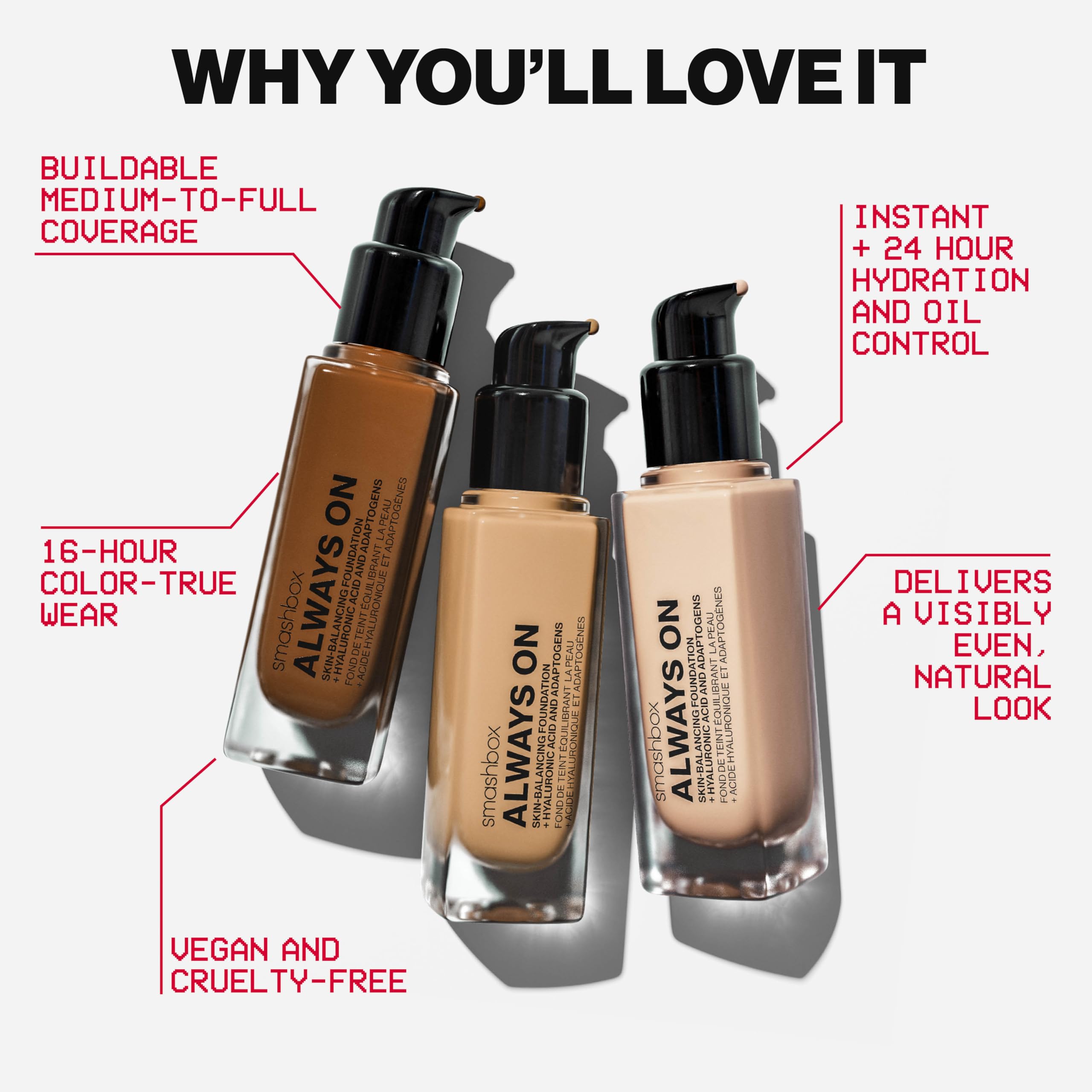 Smashbox Always On Foundation with Hyaluronic Acid | Medium-To-Full Coverage | Hydrating + Long Lasting, 1 Fl Oz, F20W