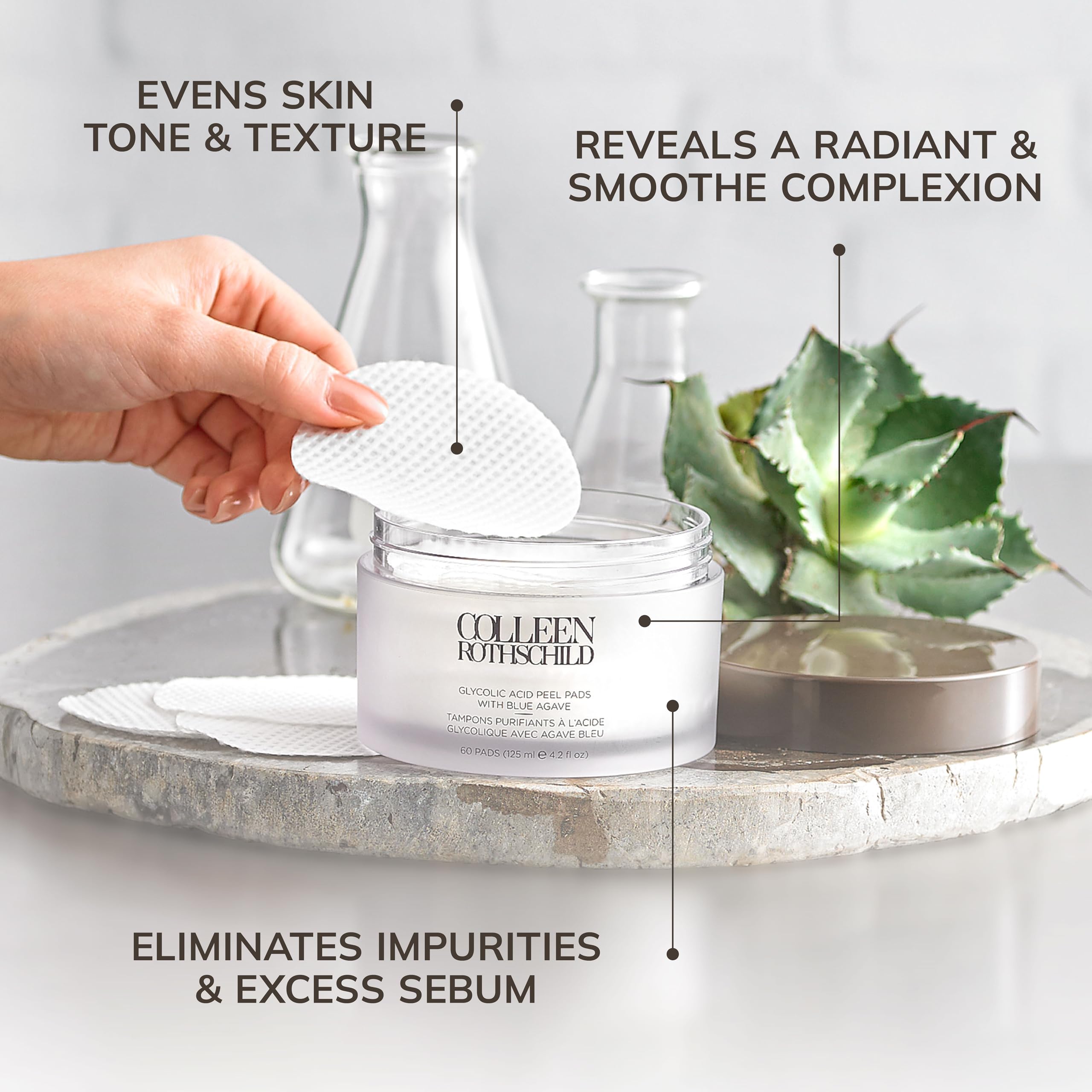 COLLEEN ROTHSCHILD Glycolic Acid Peel Pads with Blue Agave | Gentle Spa-Strength Treatment | Resurface, Brighten, Smooth & Exfol