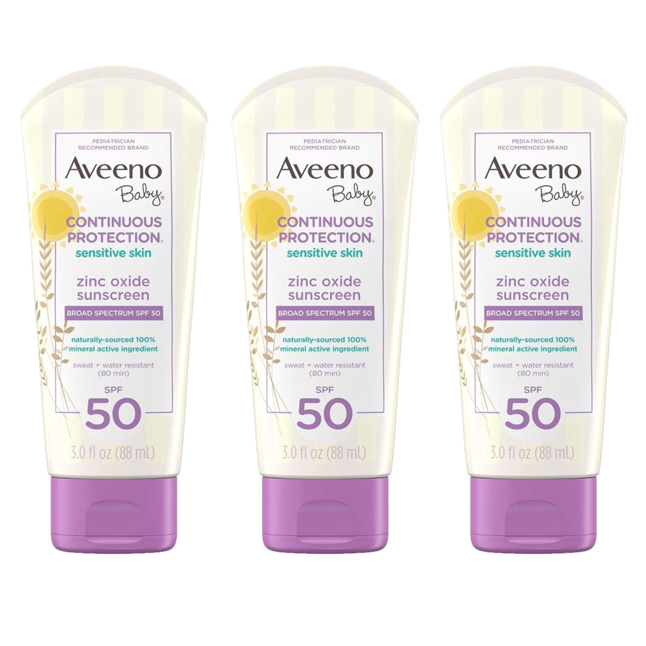 Aveeno Baby Continuous Protection Zinc Oxide Mineral Sunscreen Lotion, SPF 50, Unscented, White, 3 fl. oz (Pack of 3)