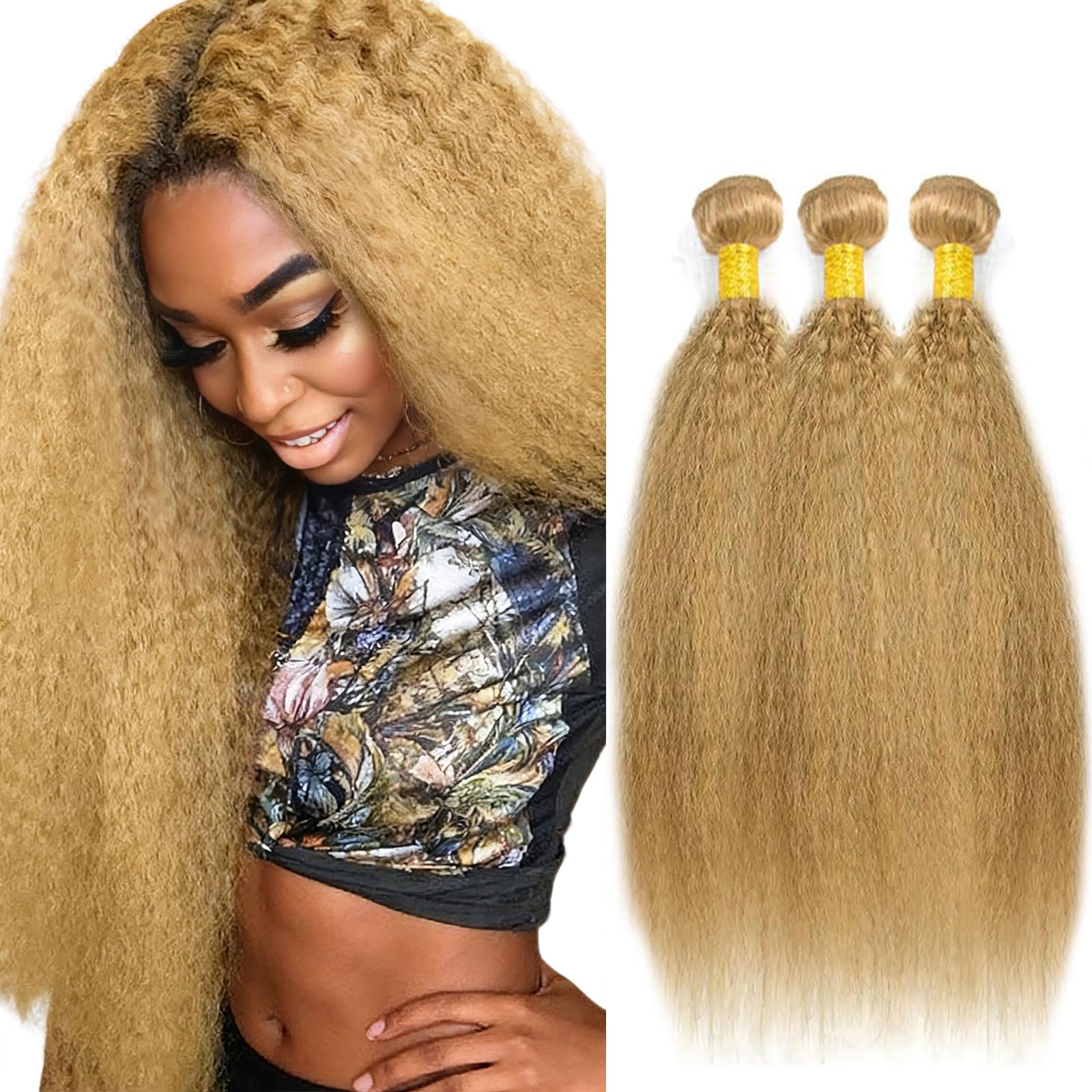 Kameinike 22 24 26 inch #27 Honey Blonde Human Hair Bundles Yaki 3 Pcs 300g Unprocessed Brazilian Virgin Quick Weave Hair Extens