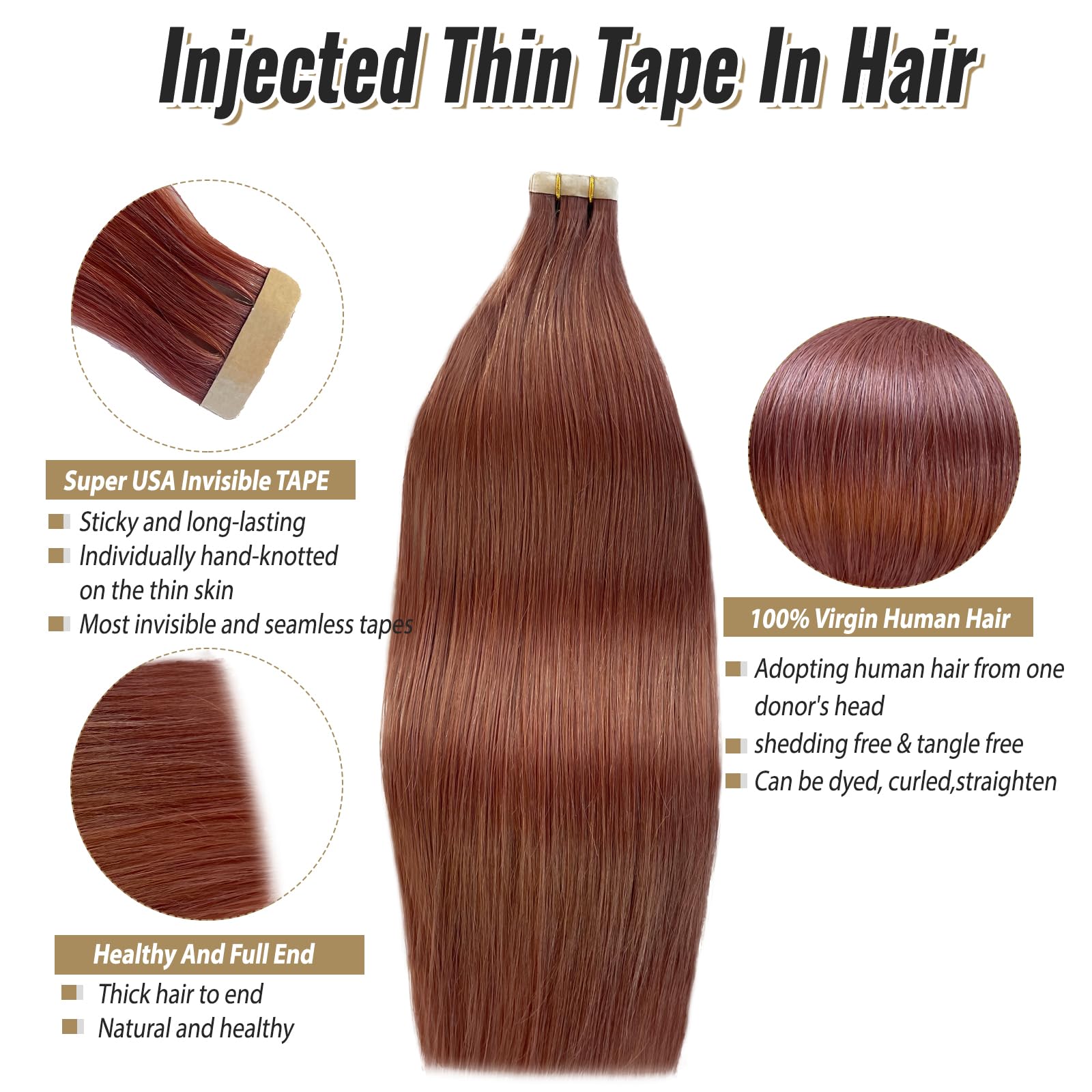 24Inch Tape In Hair Extension 100% Real Human Hair #14 Auburn 20Pcs/Pack Straight Seamless Skin Weft Tape Hair Extensions 70G
