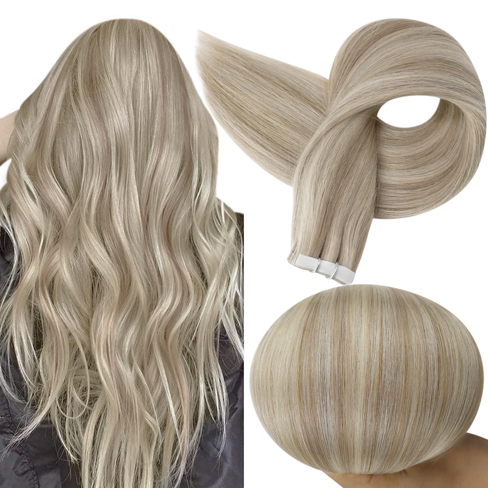 Full Shine Tape In Hair Extensions 12 Inch Remy Tape Hair Extensions 20Pcs 30G Highlight Color 18 Ash Blonde And 613 Blonde Exte