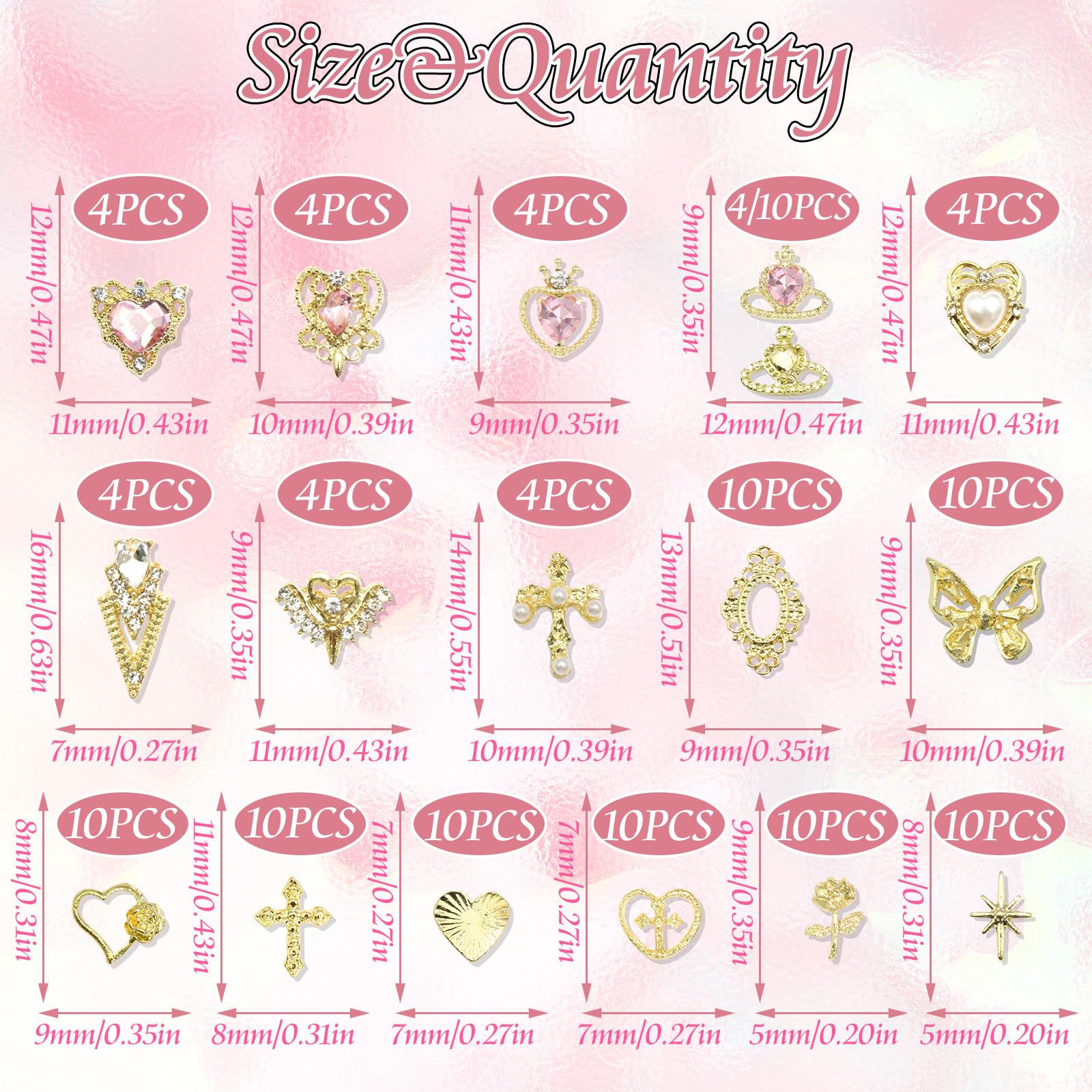 RODAKY 122PCS Gold Nail Charms - Pink Rhinestone Heart Charms, 3D Metal Butterfly Roses Cross Nail Gems for Manicure Design