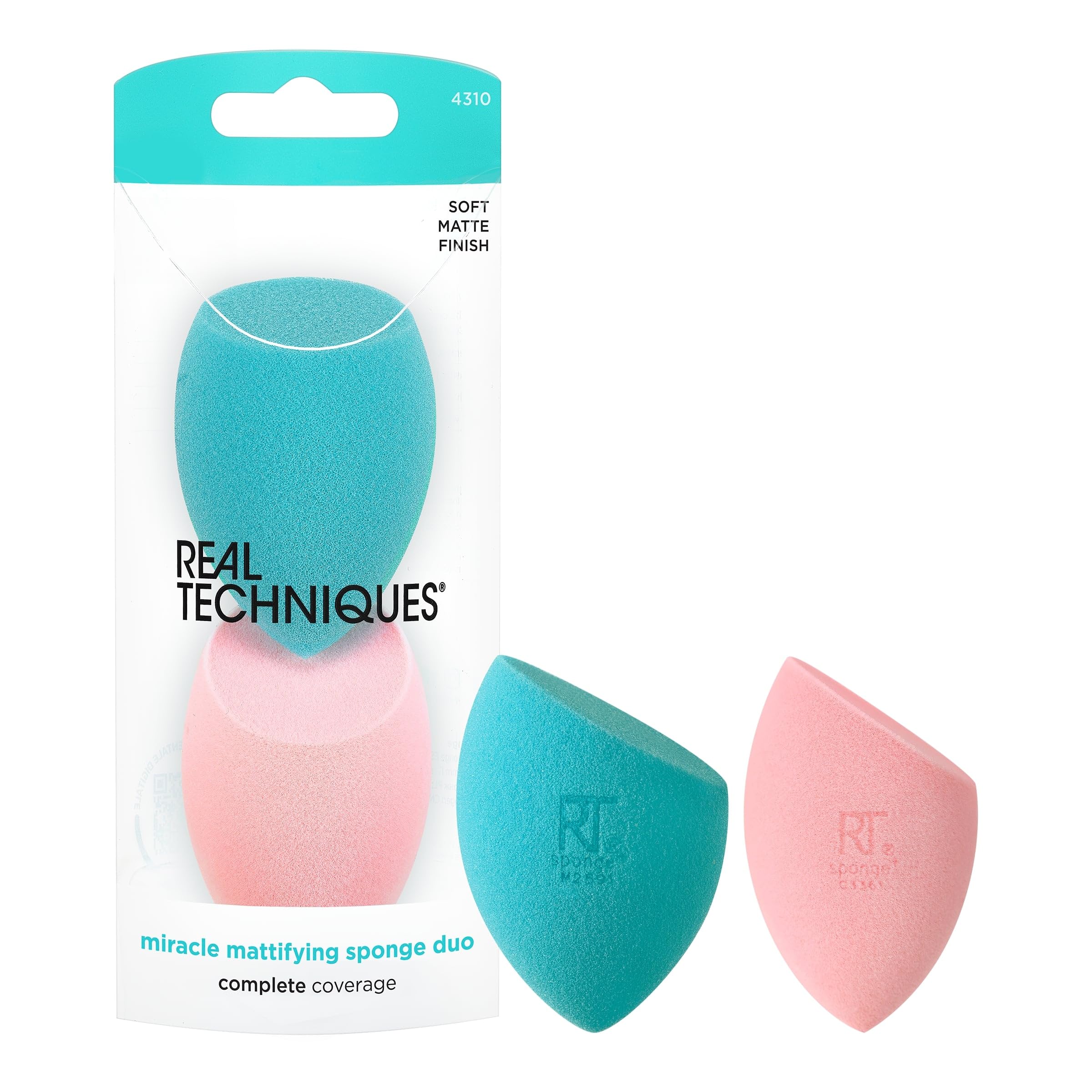 Real Techniques Miracle Mattifying Makeup Sponge Duo, Matte Finish, Cloud Skin, Full Coverage Foundation & Powder Makeup Blendin