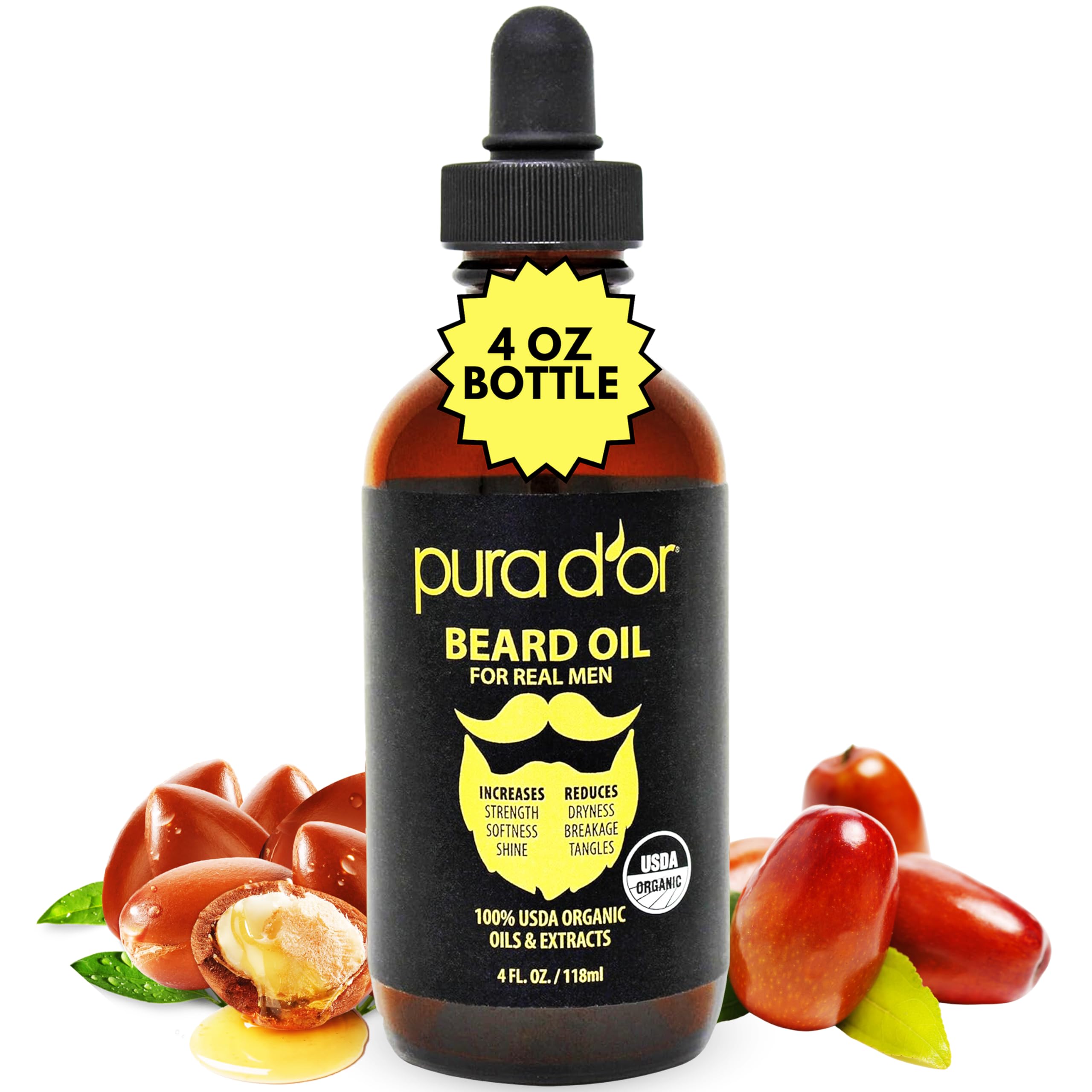 PURA D'OR 4 Oz ORGANIC Beard Softening Oil - Original Sandalwood Scent - Leave-In Conditioner, Argan & Jojoba Oil - Mustache Car