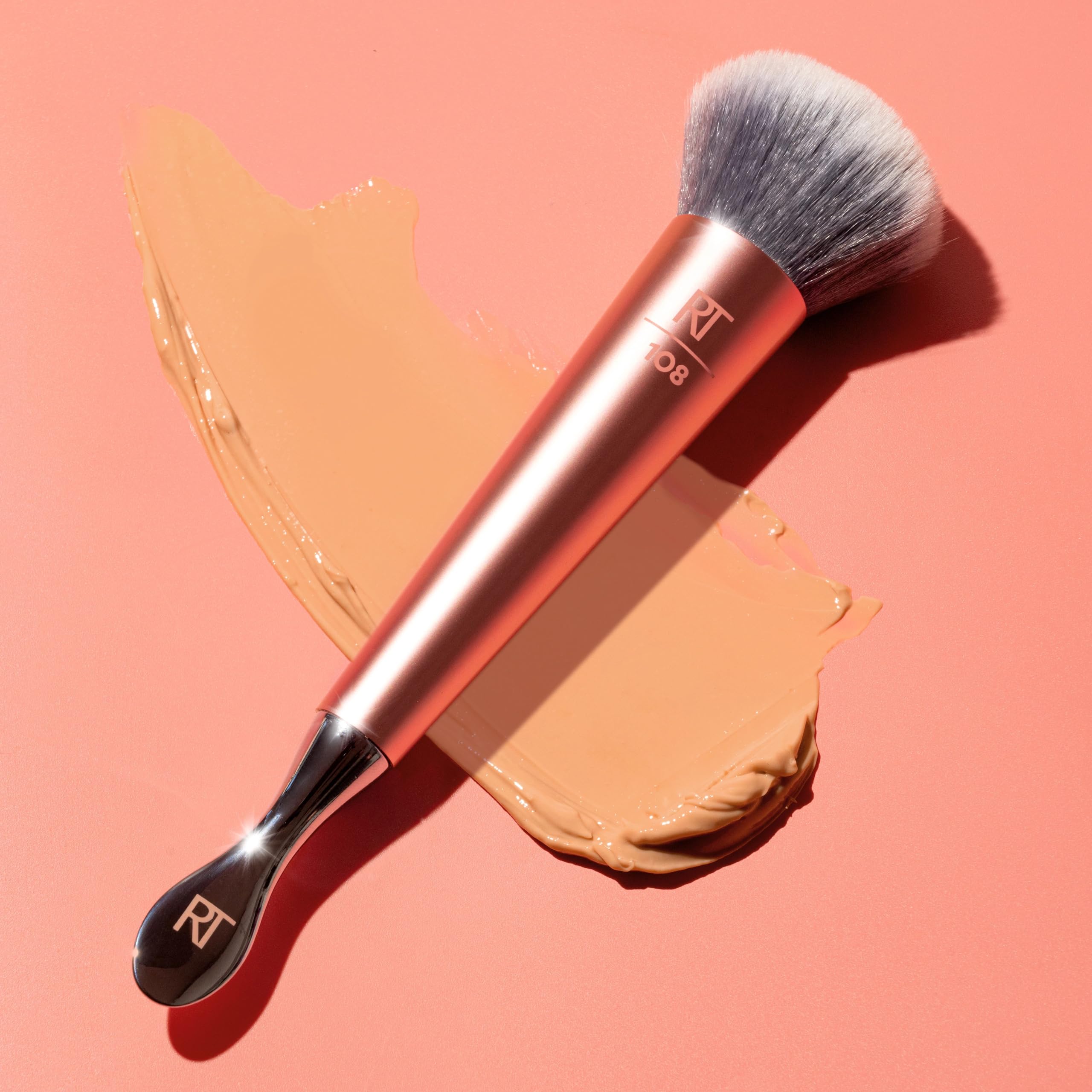 REAL TECHNIQUES Dual-Ended Primer Facial Skincare Brush & Stainless Steel Scoop, 1 Count, Pink