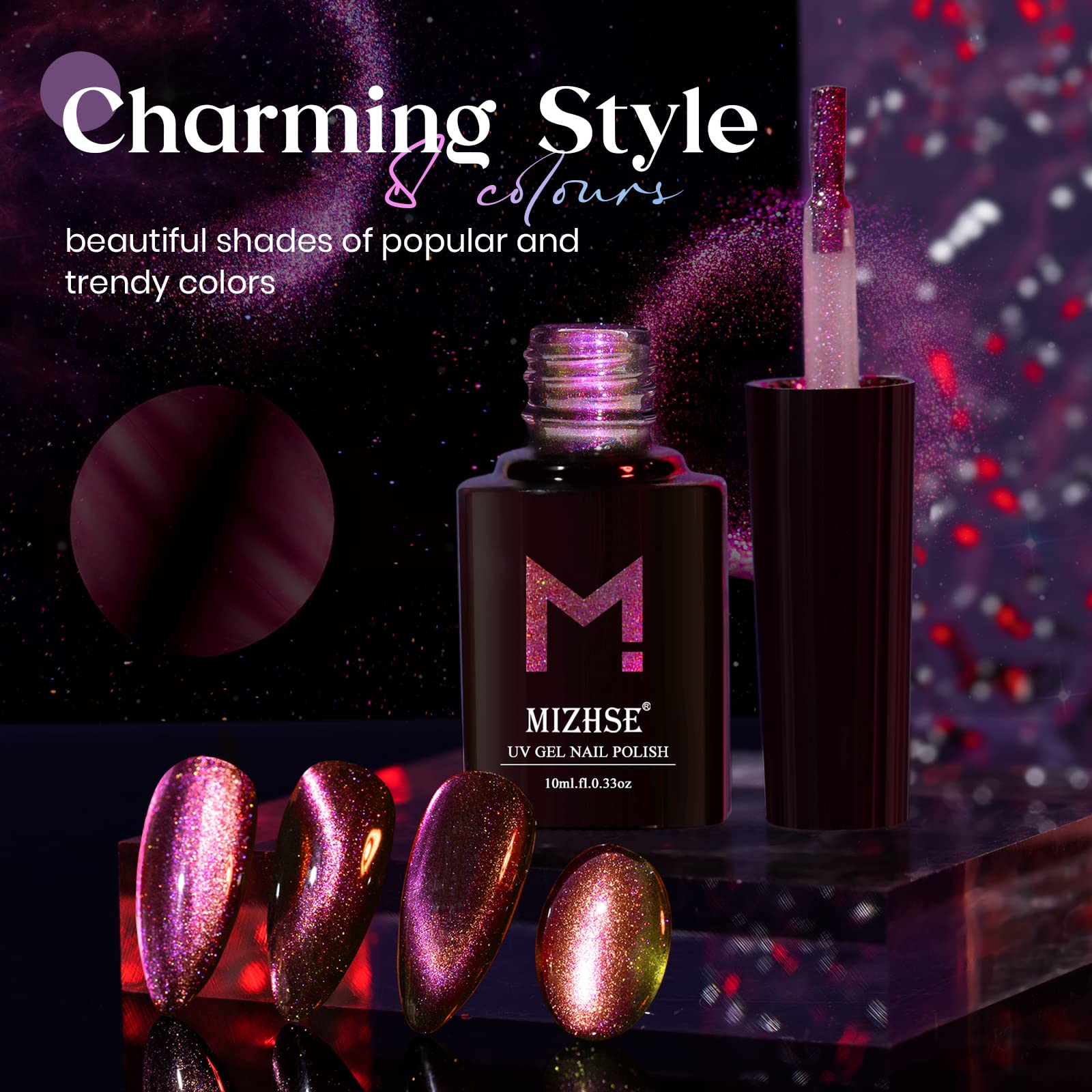 Mizhse 9D Cat Eye Gel Nail Polish 10Ml, Holographic Galaxy Cateye Magnetic Nail Polish Gel, Magic Chameleon Manicure Set(Pink)