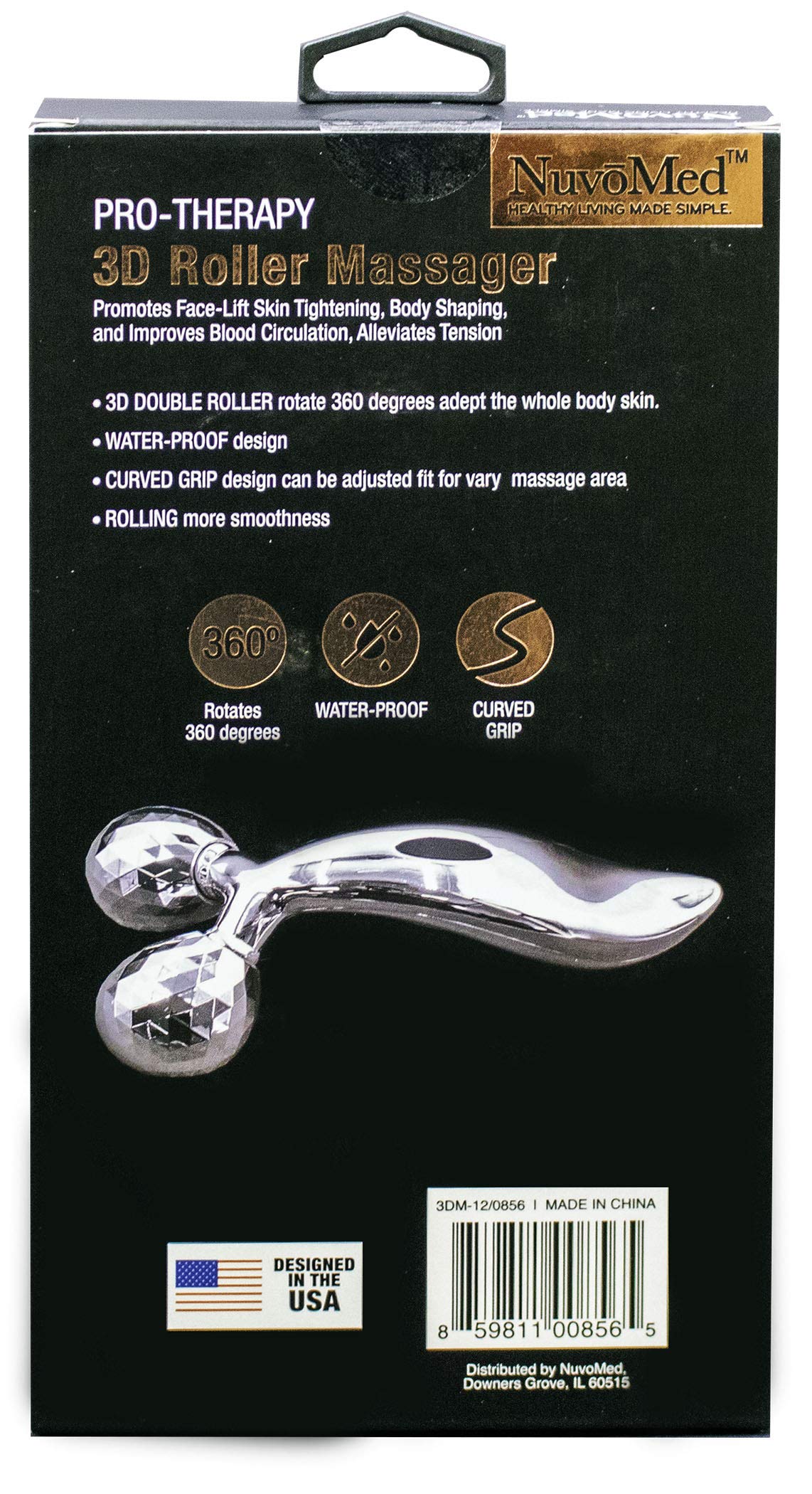 Nuvomed Pro-Therapy 3D Roller Massager, Rotates 360 Degrees, Water-Proof, Curved Grip, For Anti Aging, Firm Skin, V-Shaped Face