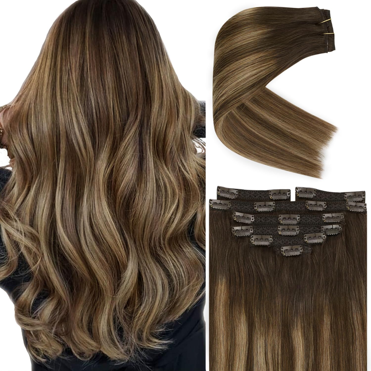 Ve Sunny 12inch Clip on Hair Extensions Human Hair Balayage Clip in Extensions Human Hair Ombre Dark Brown Roots Caramel Blonde 
