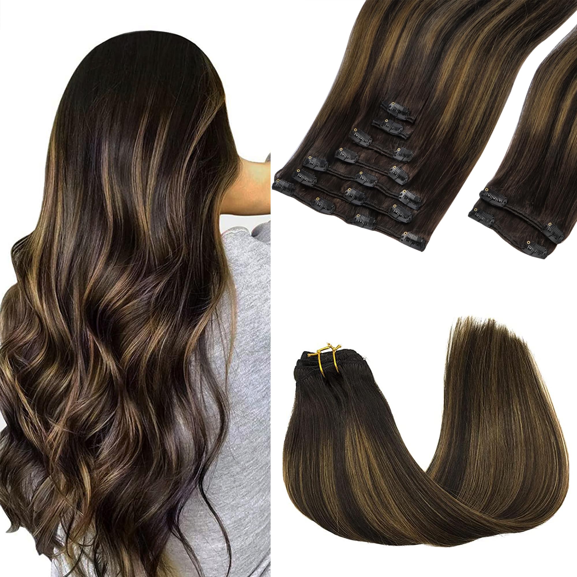 GOO GOO Clip in Hair Extensions Real Human Hair, 18inch 150g 9Pcs, 2/6/2 Balayage Dark Brown to Chestnut Brown, Remy Human Hair 