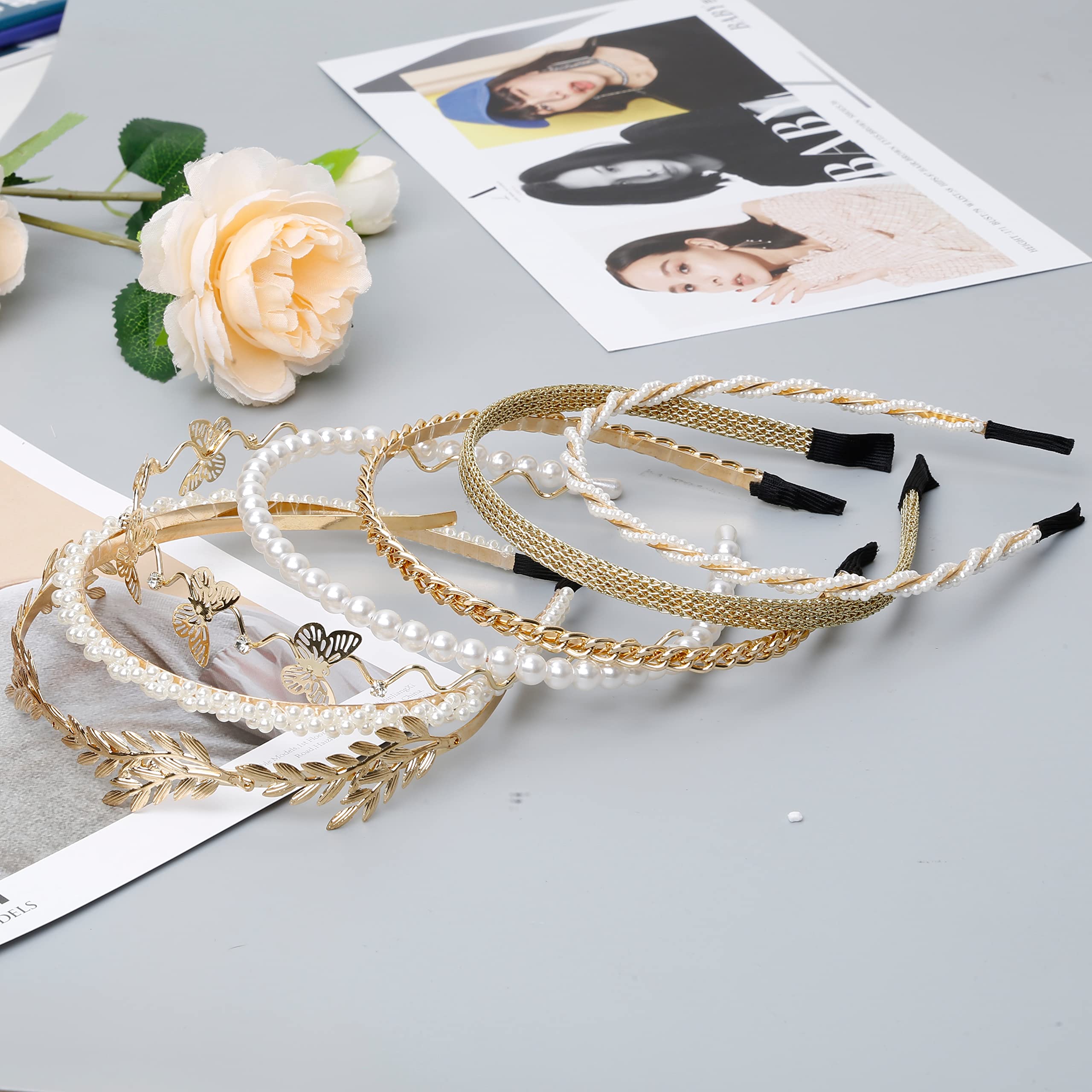 Wovowovo Pearl Headbands For Women 8 Pack, White Faux Pearls Hairband Gold Metal Headband Butterfly Flower Hairbands, Bridal Hai