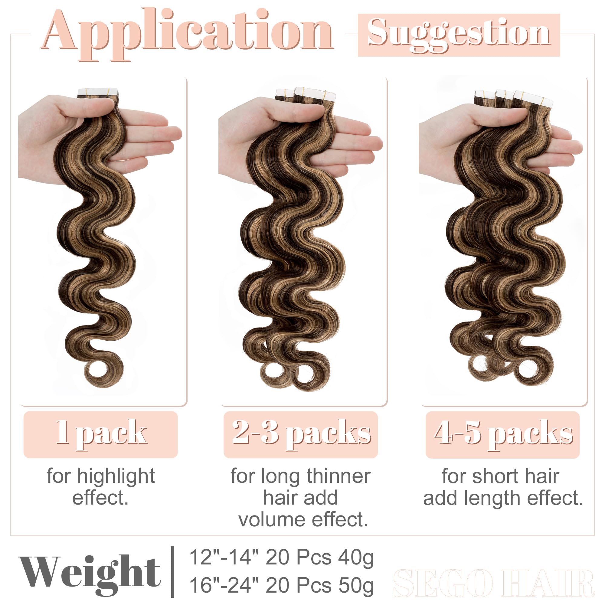 SEGO Tape in Hair Extensions Wavy 16 Inch Balayage 100% Remy Human Hair Real Seamless Skin Weft Invisible Rooted Double Sided Ta