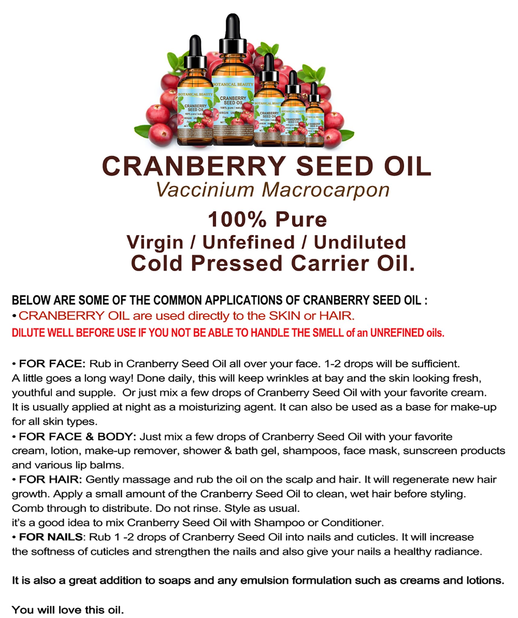 Cranberry Seed Oil 100% Pure/Natural. Cold Pressed/Undiluted. For Face, Hair And Body. 0.33 Fl.Oz.- 10 Ml. By Botanical Beauty