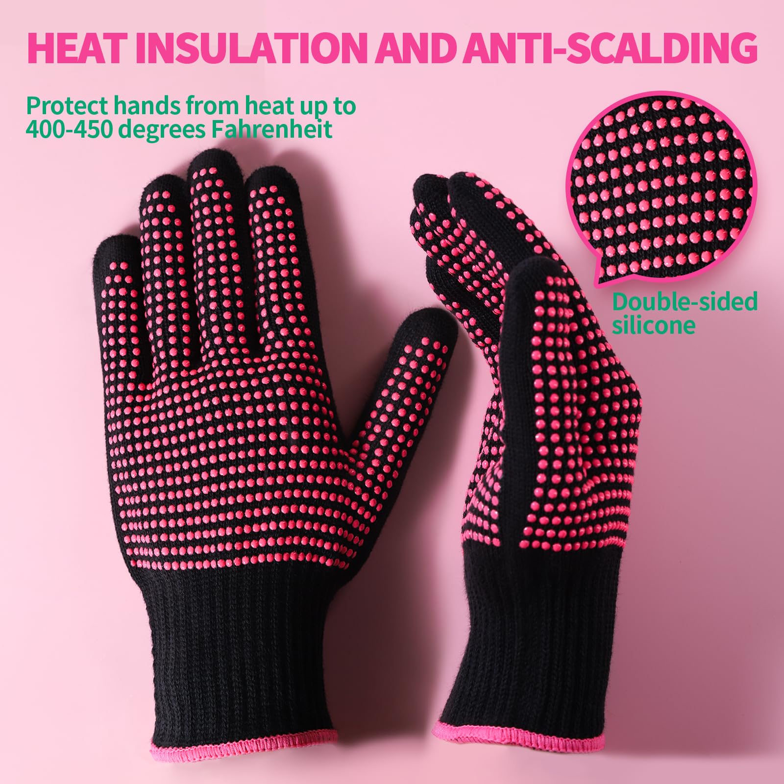 Teenitor 2 Pcs Heat Resistant Gloves With Silicone Bumps, Professional Heat Proof Glove Mitts For Hair Styling Curling Iron Wand