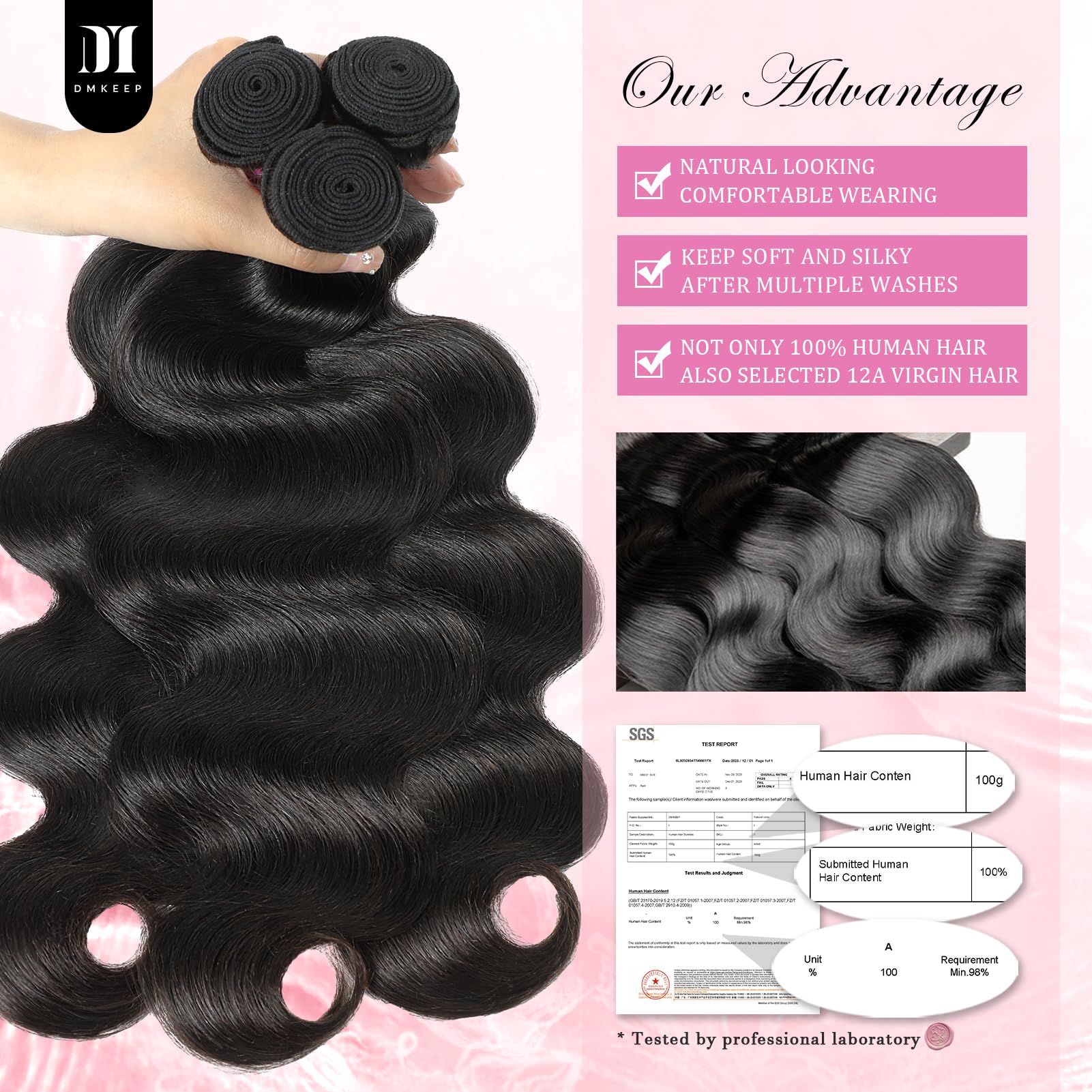DMKEEP 12A Body Wave Human Hair Bundles 18/20/22 Inch, 100% Unprocessed Brazilian Virgin Hair, Natural Color, 3 Pcs Quick Weave Extensions
