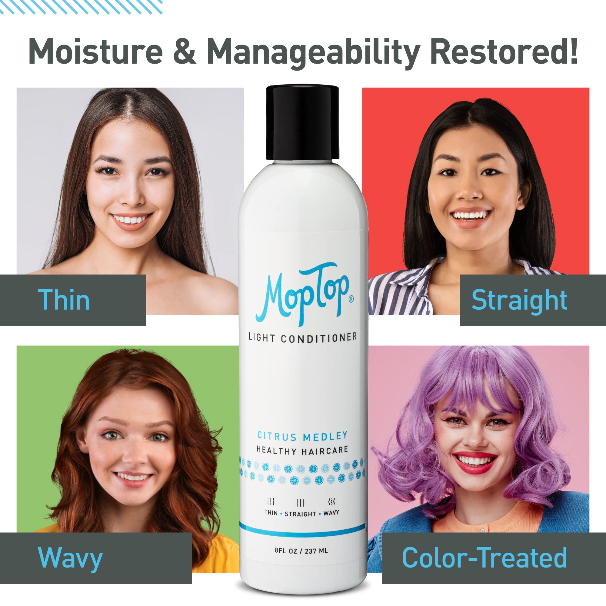 MopTop Lightweight Curly Hair Shampoo and Conditioner Set - Gentle Shampoo + Light Conditioner, Reduces Frizz & Restores Dry Dam