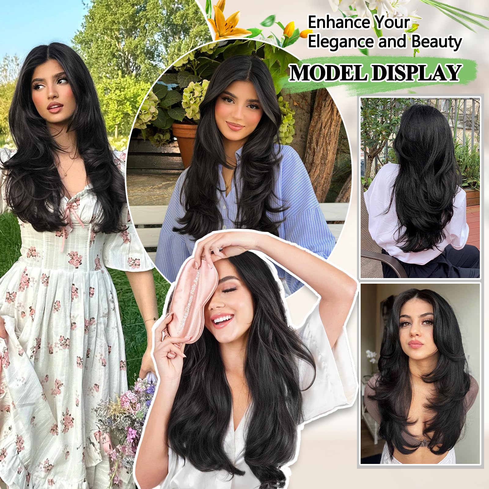 Freemeige Clip In Hair Extensions,Black Hair Extensions For Women Straight Layered Hair Extensions Synthetic Heat Resistant Long