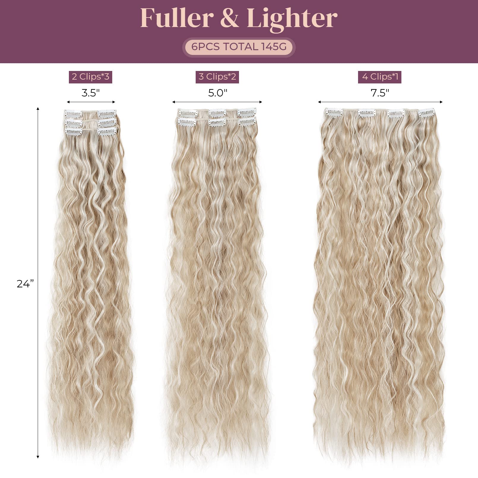LONAI Clip In Hair Extensions, 6PCS Curly 24 '' Long Synthetic Clip On Hairpiece For Women-Light Blonde with White Blonde Highli