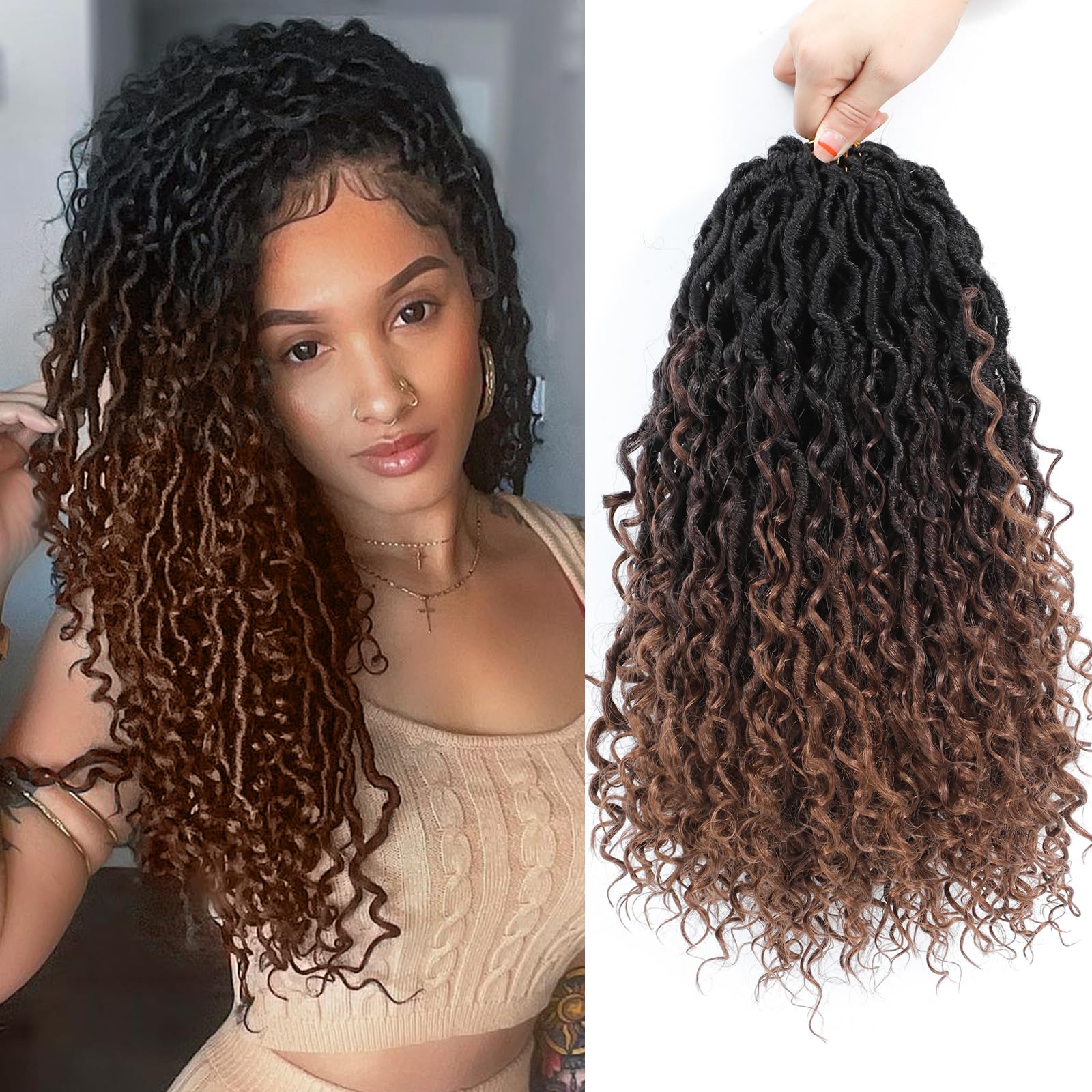Col Bling Goddess Locs Crochet Hair 14 Inch 8 Packs Ombre Faux Locs Crochet Hair for Women Pre Looped Crochet Boho Goddess Faux 