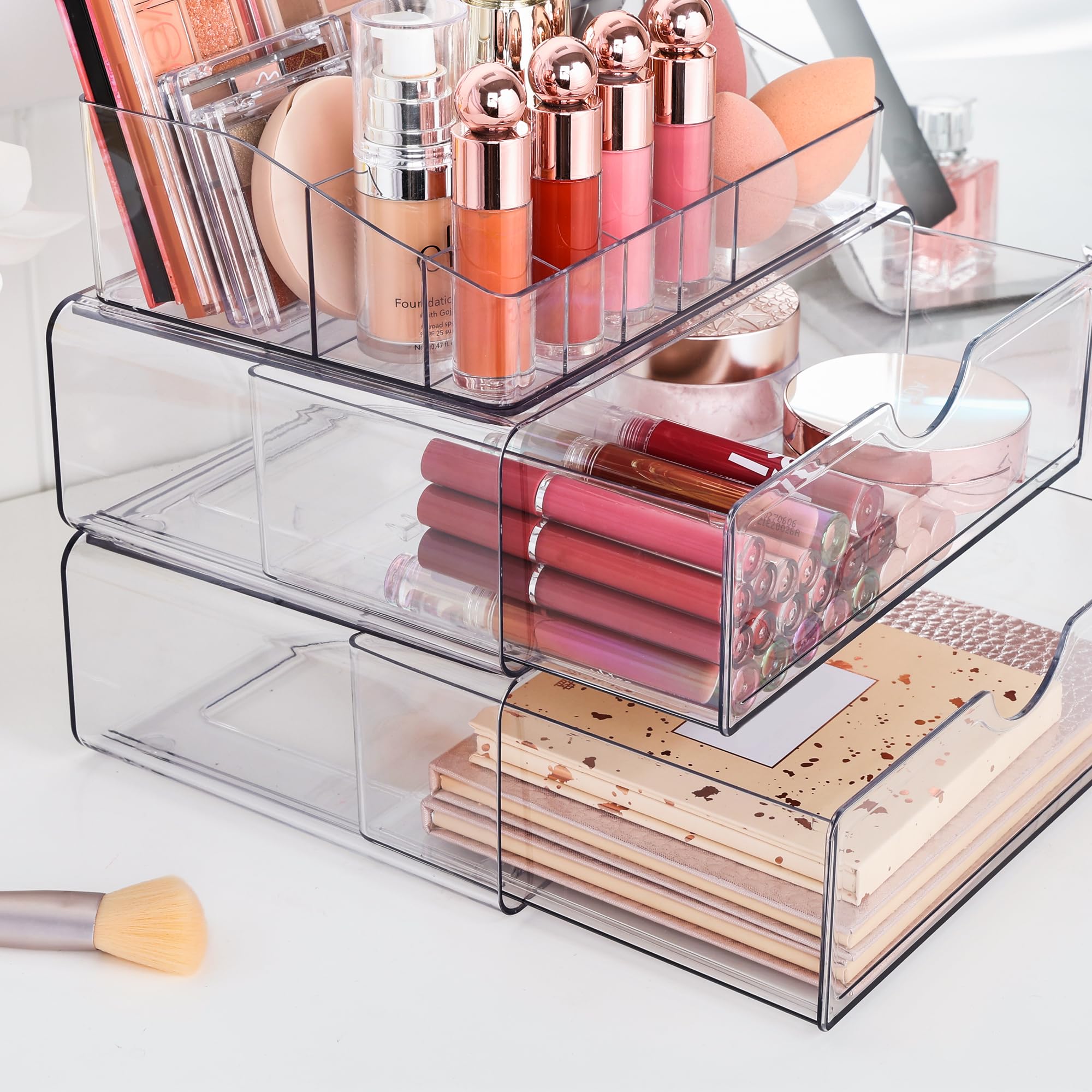 Vtopmart 3 Tier Clear Makeup Organizer With Drawer, Cosmetic Storage For Dresser Countertop And Bathroom Vanity, Beauty Holder F