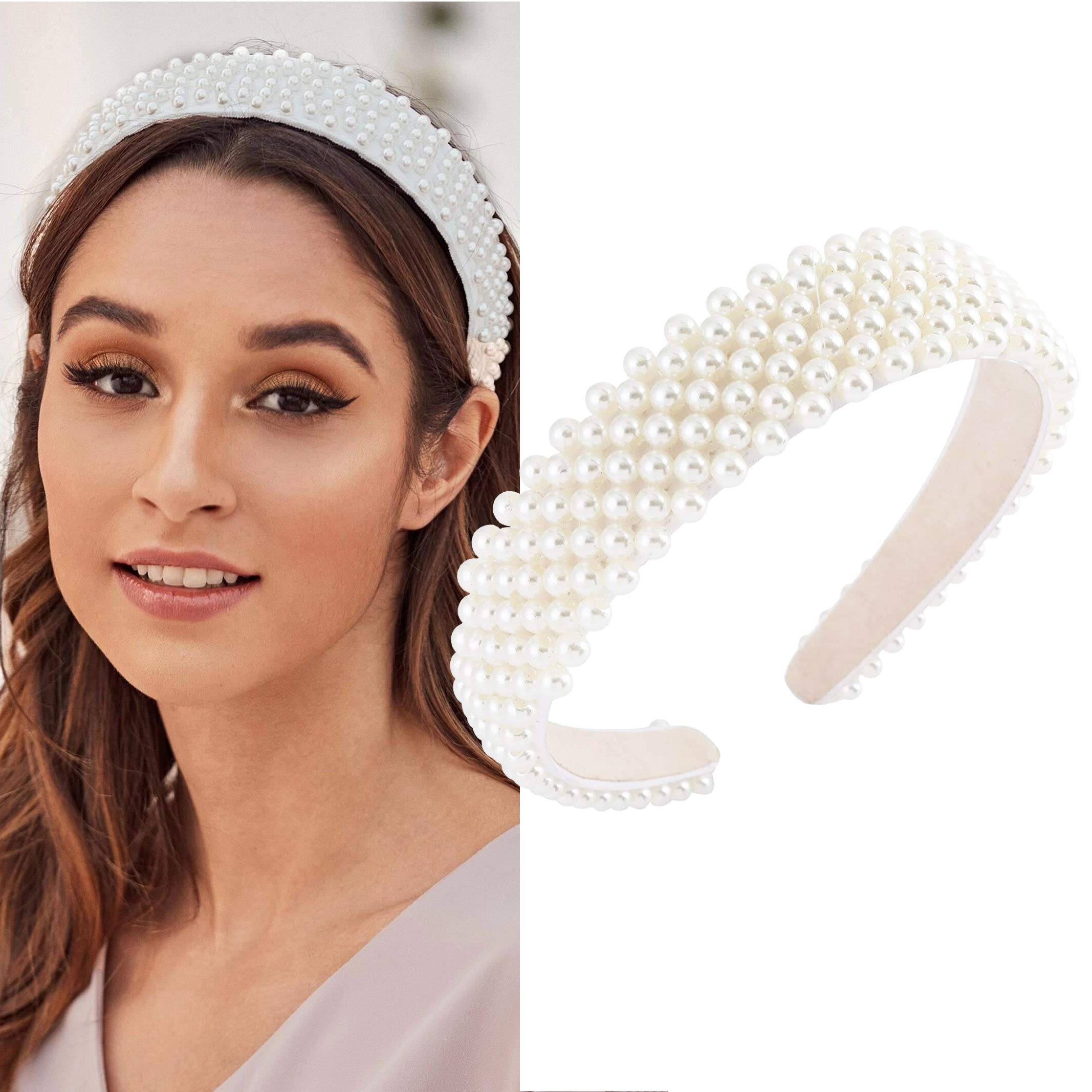 Awaytr WomenS Polyester Pearl Beaded Wide Party Headwear Wedding Hair Hoop Elegant Hairband Headbands (White, S) For Girls And 
