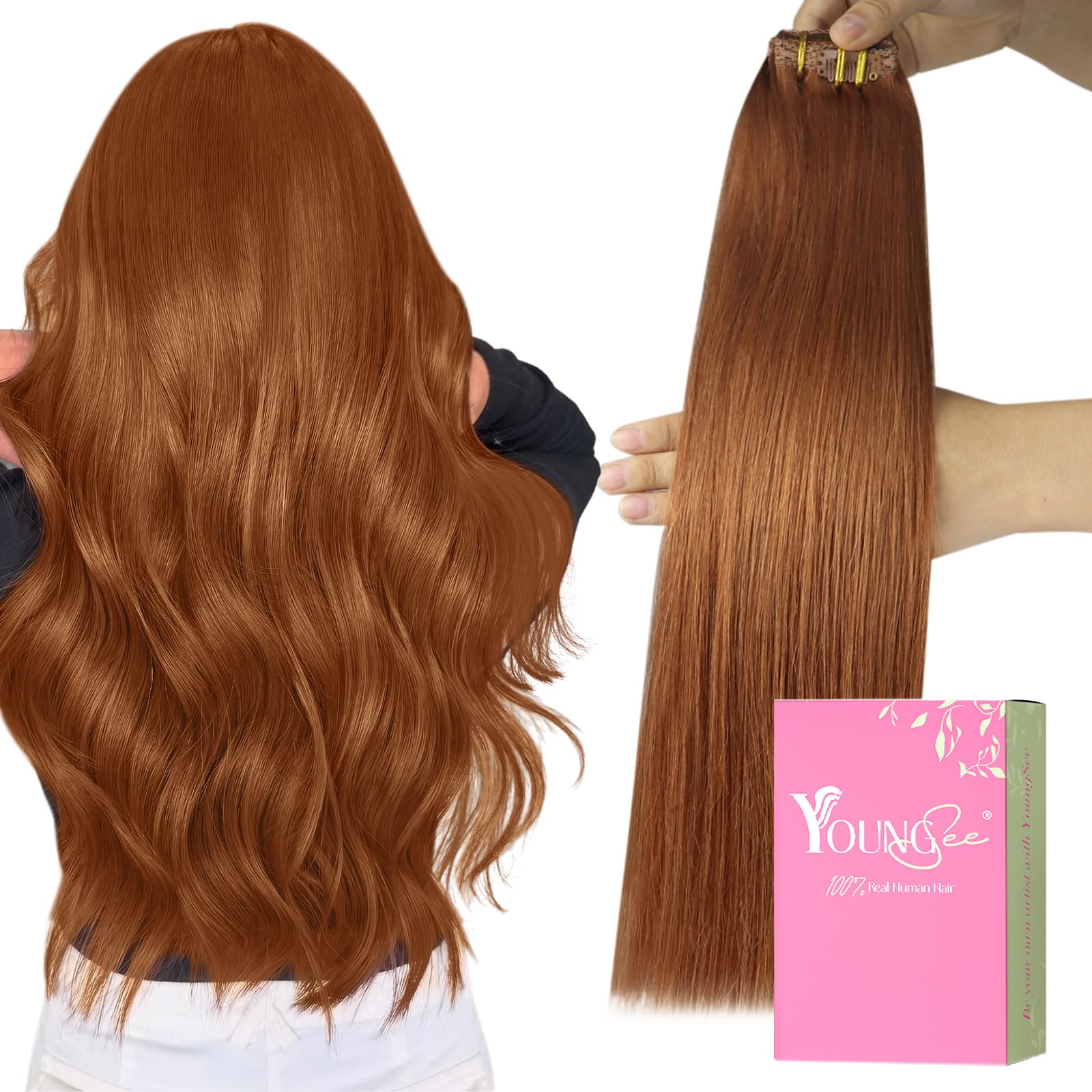 YoungSee Clip in Human Hair Extension Copper Clip in Real Hair Extension Copper Real Human Hair Extensions Clip ins Copper Hair 