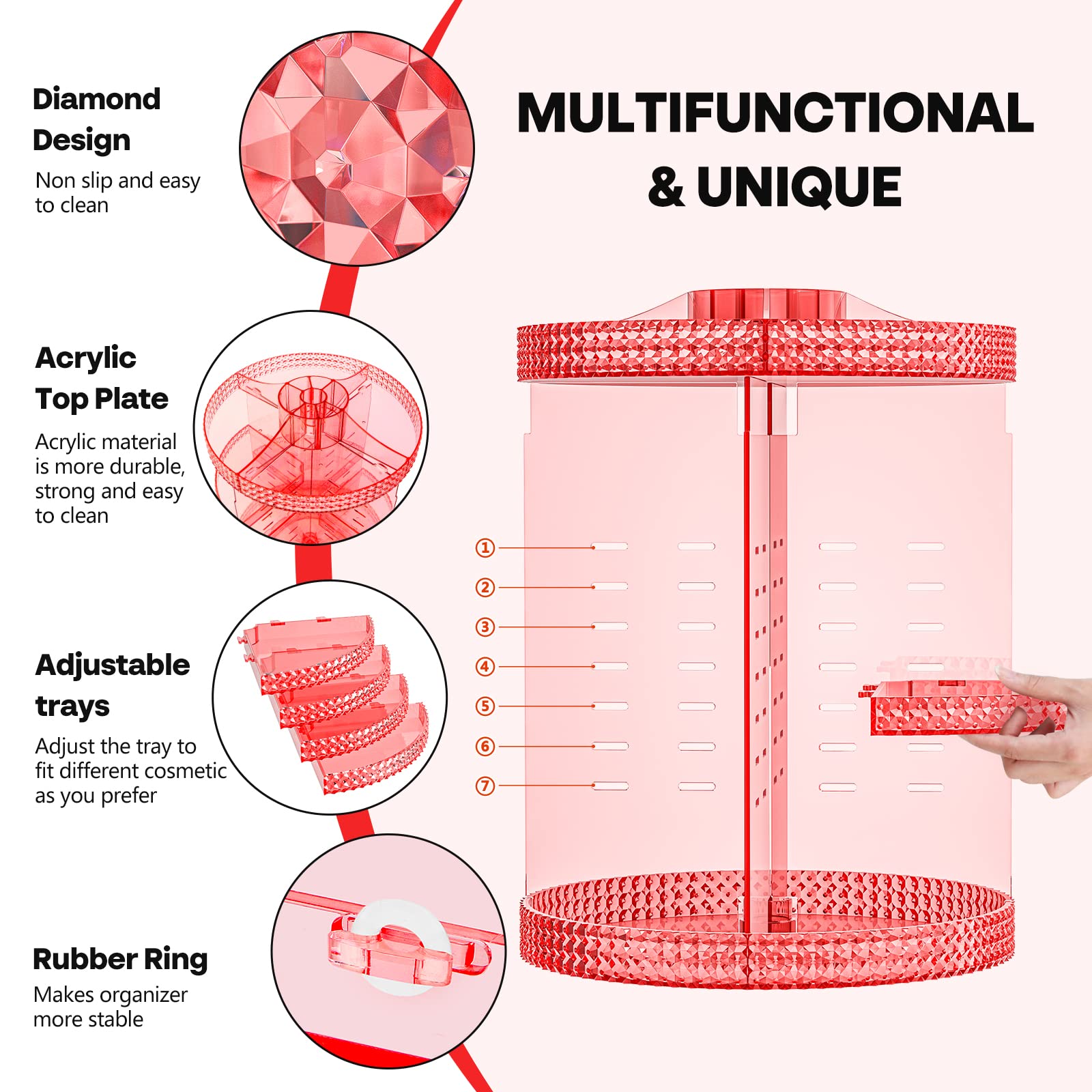HEMTROY Rotating Makeup Organizer 360 Degree, Plus Size Capacity 7 Layers Adjustable Cosmetic Organizer Fits Vanity Countertop,