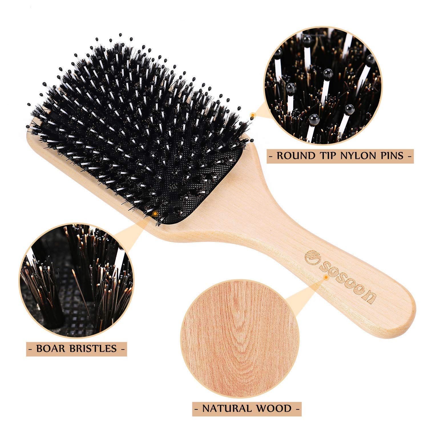 Hair Brush, 2 Pack Boar Bristle Paddle Hairbrush for Women Men Kids Reducing Frizzy, No More Tangle, Small Travel Brush Tail Com