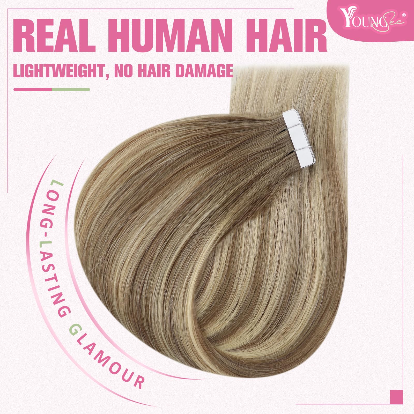 YoungSee Invisible Tape in Hair Extensions Brown Balayage Real Hair Tape in Extensions Human Hair Ombre Light Brown to Blonde Mi