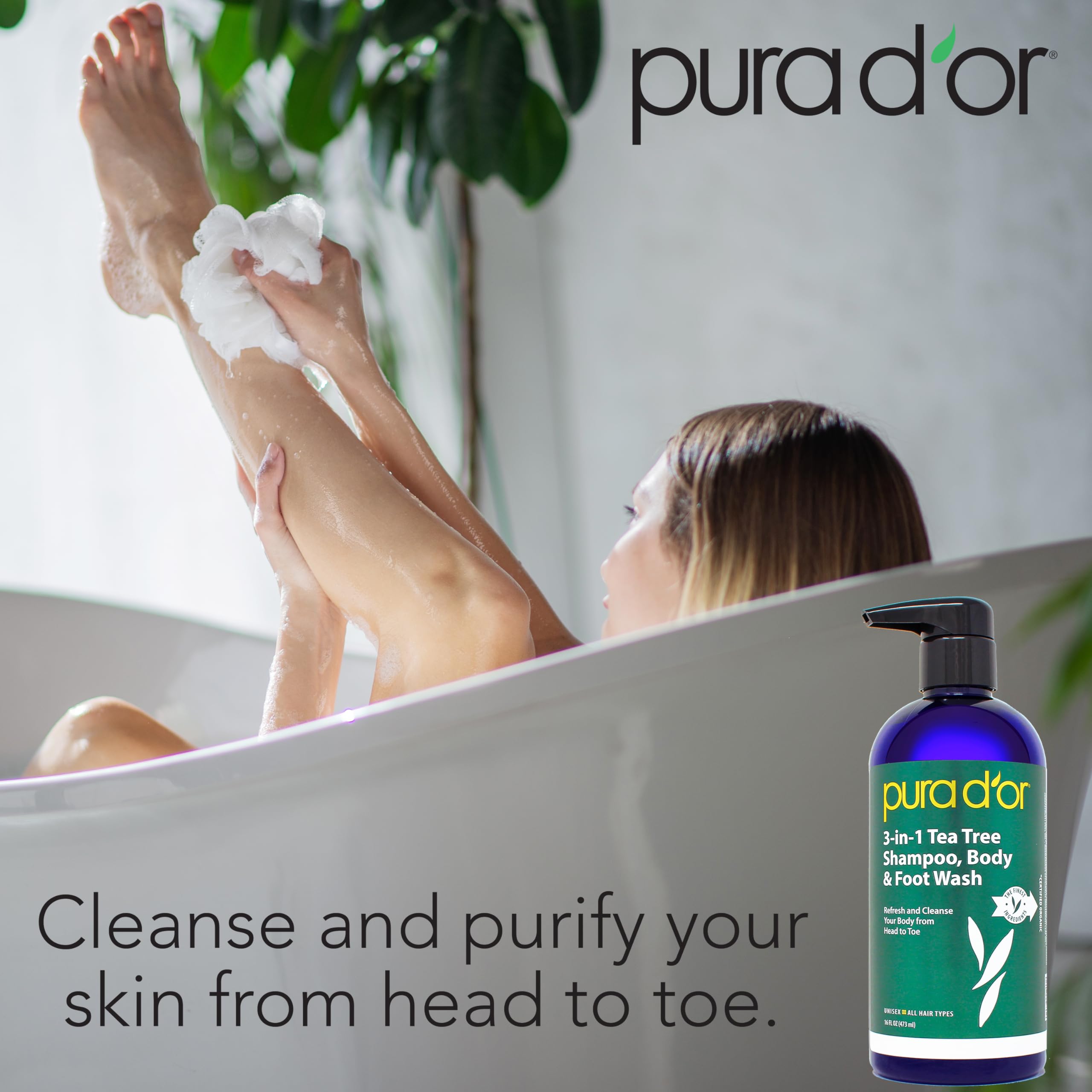 PURA D'OR 3-in-1 Tea Tree Shampoo, Body & Foot Wash, Shampoo (16oz x3 = 48oz) Total Body Care - Foot Odor & Daily Hygiene, Clean