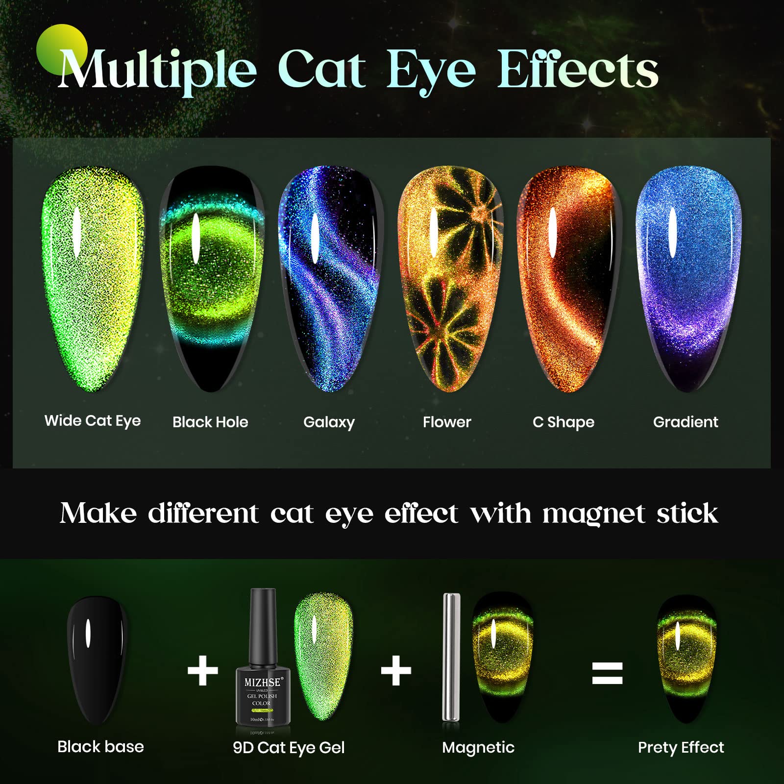 Mizhse 9D Cat Eye Gel Nail Polish, Magnetic Gel Polish Set 10 Ml 6 Colors With 2 Magnets, Chameleon Magic Galaxy Effect Nail Pol