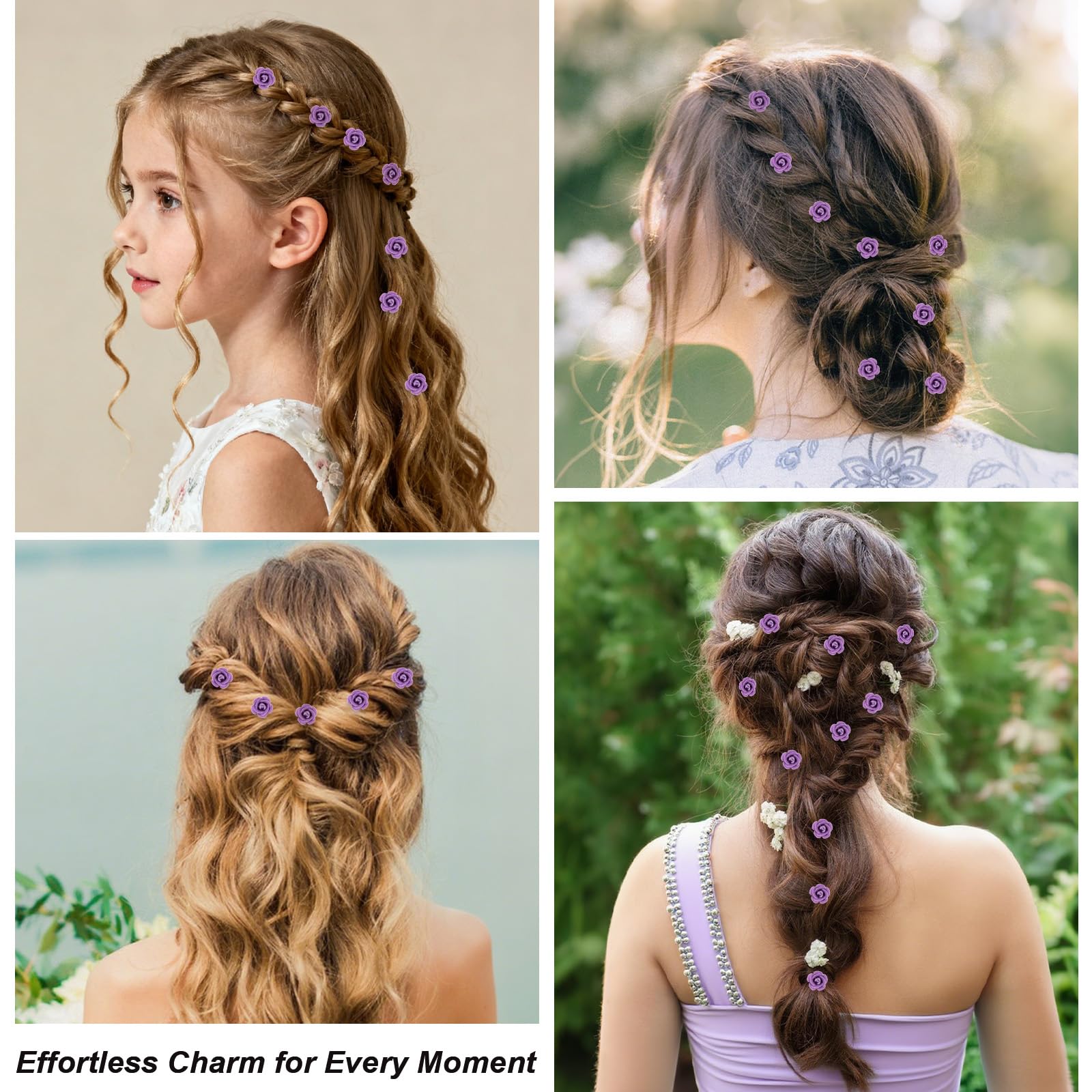 Wecoe 30 Pcs Small Purple Rose Flower Hair Clips Cute Decorative Tiny Mini Clips Wedding Halloween Hair Accessories Women Valent