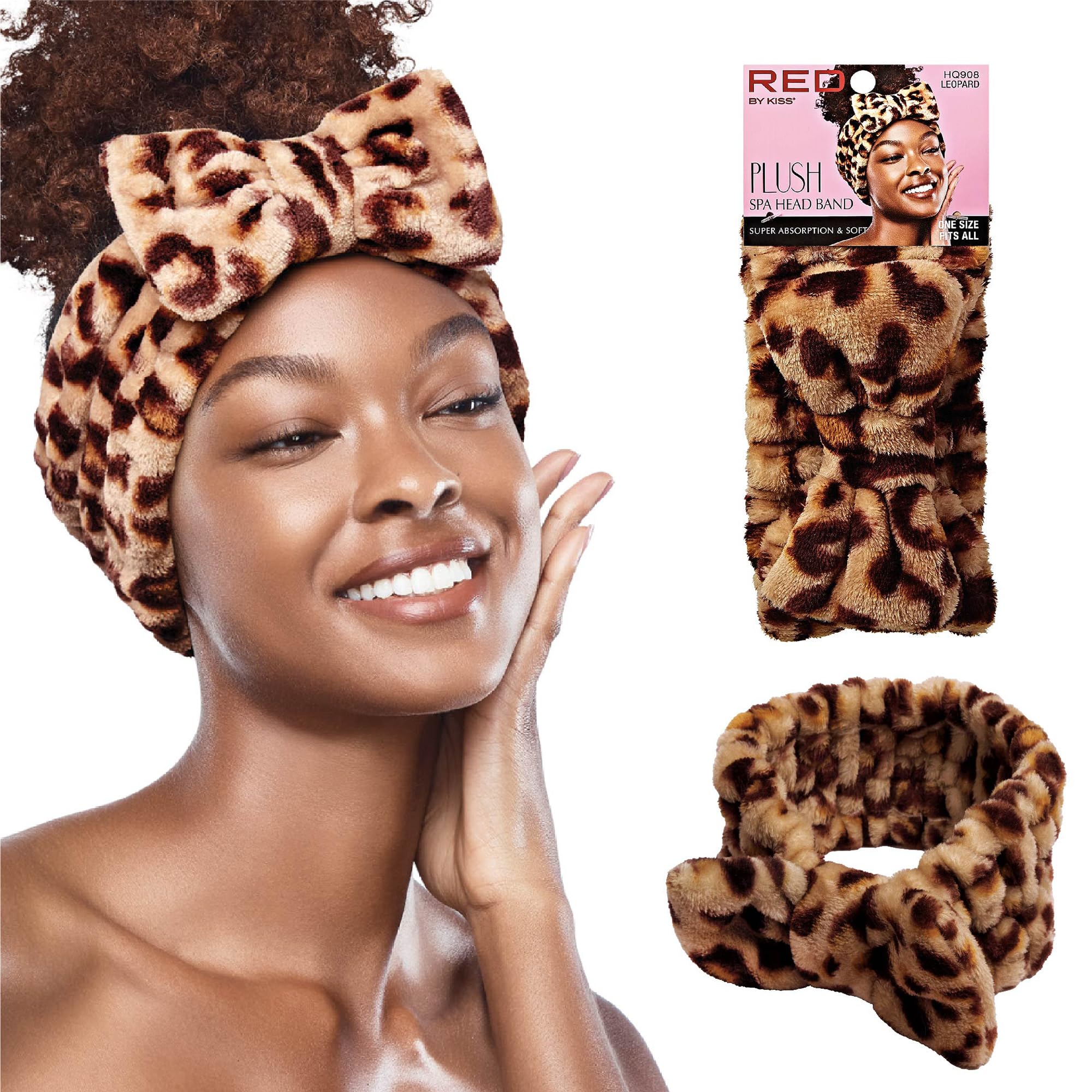 Red by Kiss Spa Headband for Washing Face Facial Makeup Bow Head Band Soft Plush Fleece Stretchy Head Wraps for Women Shower Bat
