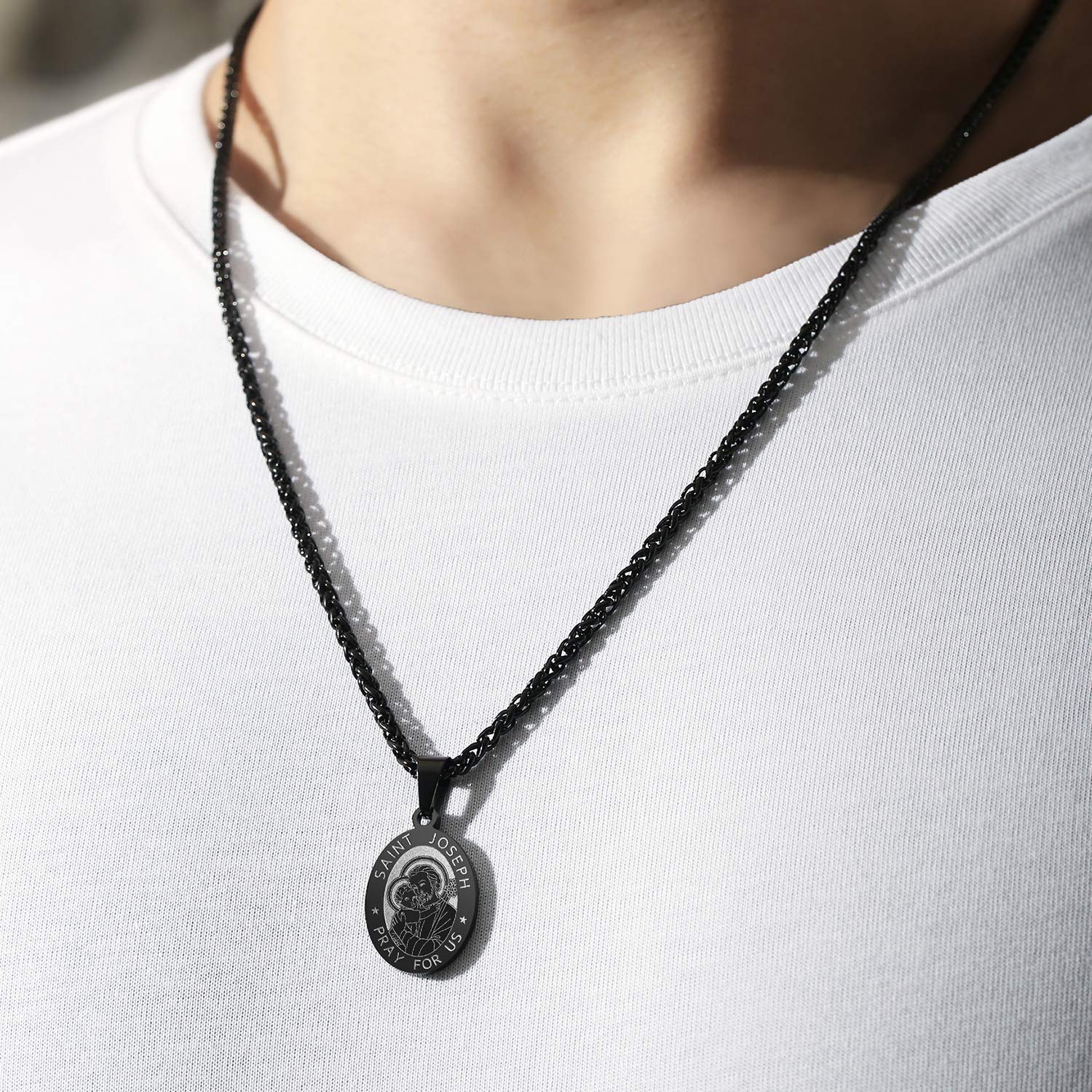 Zocomi Black Saint St Joseph Medal Necklace for Men Boys, St. Joseph Pendant Chain Jewelry Catholic Christian Religious Baptism