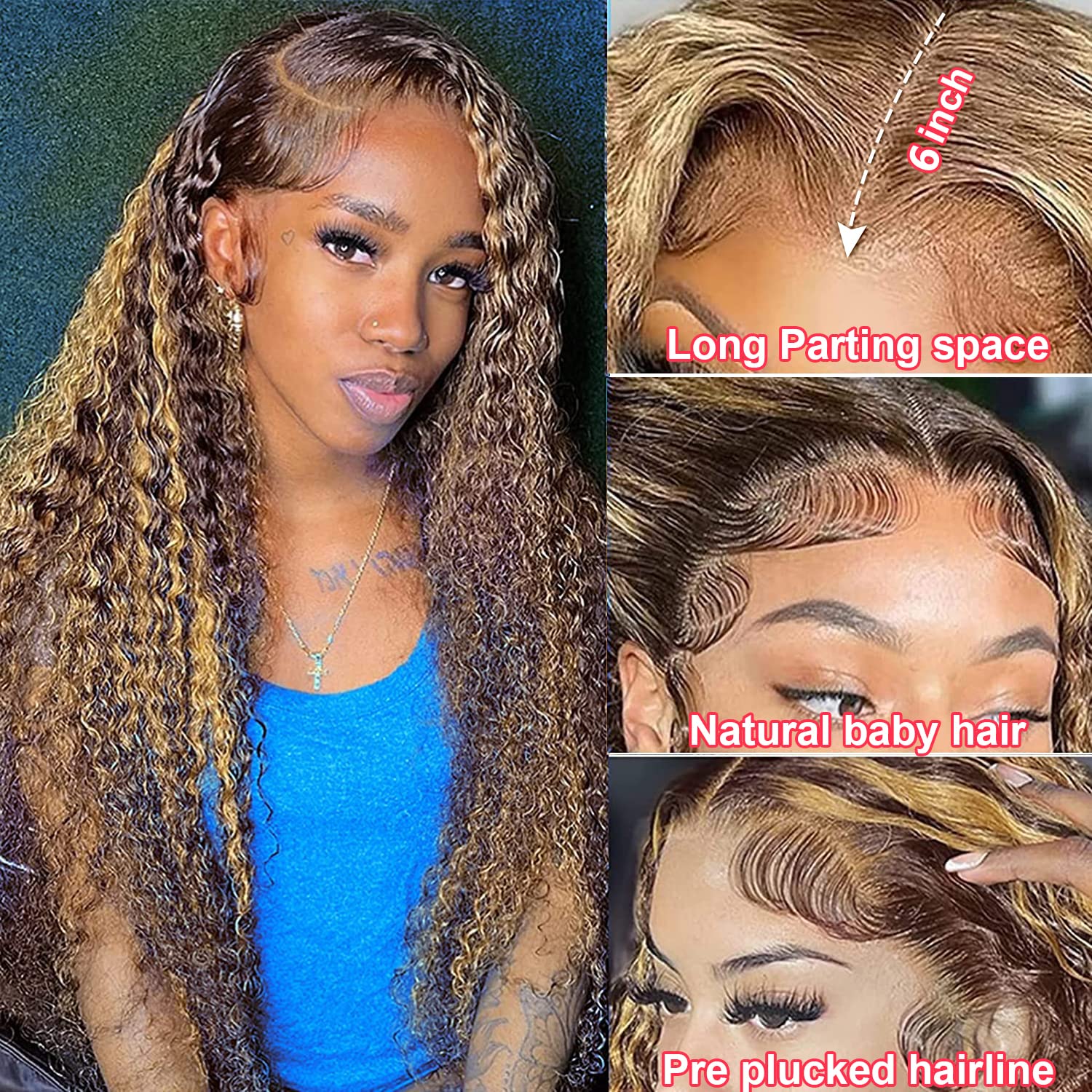 Juvid 30 Inch Highlight Lace Front Wigs Human Hair 180 Density Curly Ombre Honey Blonde 4/27 13X6 Hd Transparent Lace Front Wig