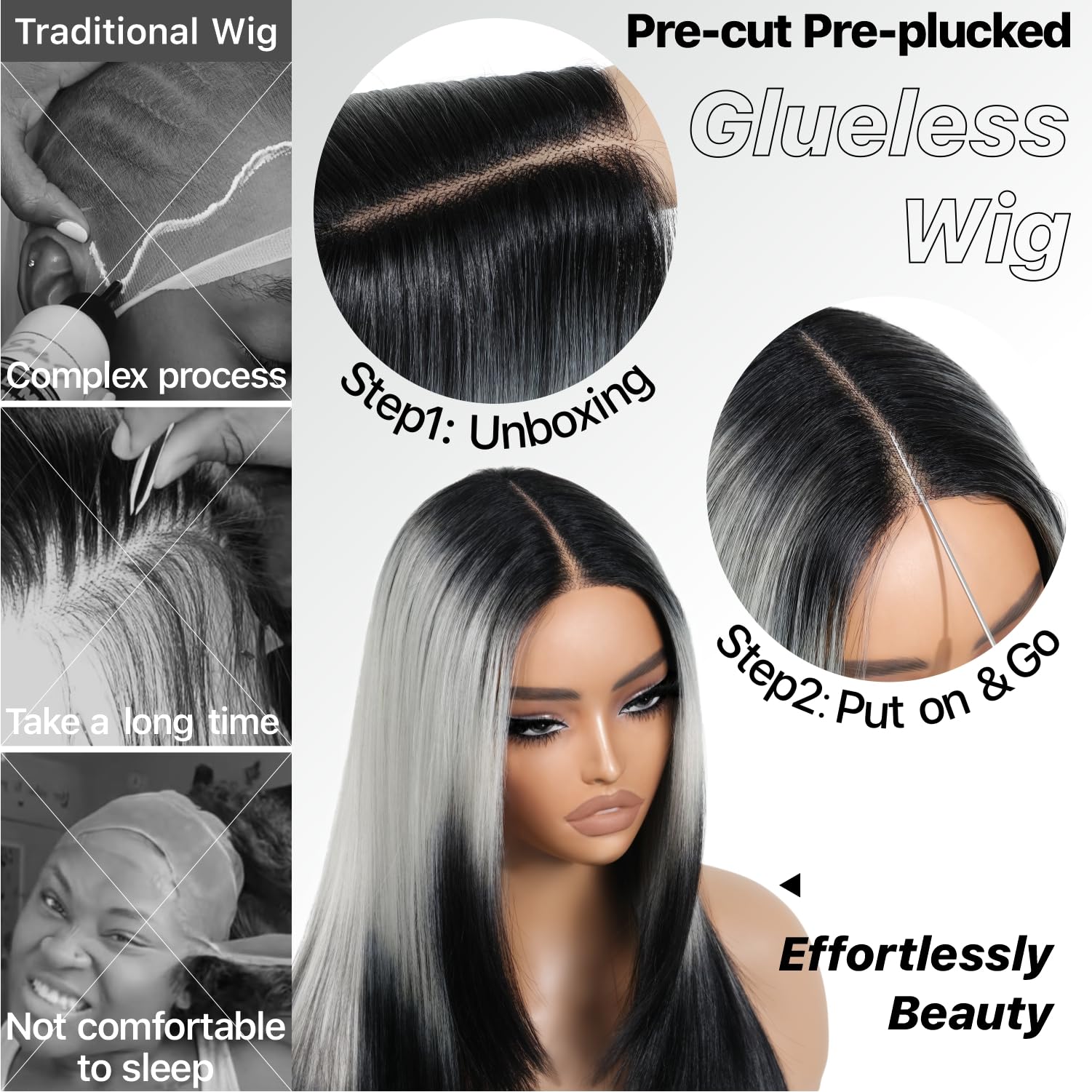 BrownBomb Ombre Sliver Grey Wear and Go Glueless Wigs Pre Plucked Pre Cut for Beginners Synthetic Lace Front Wigs With Bangs Lon