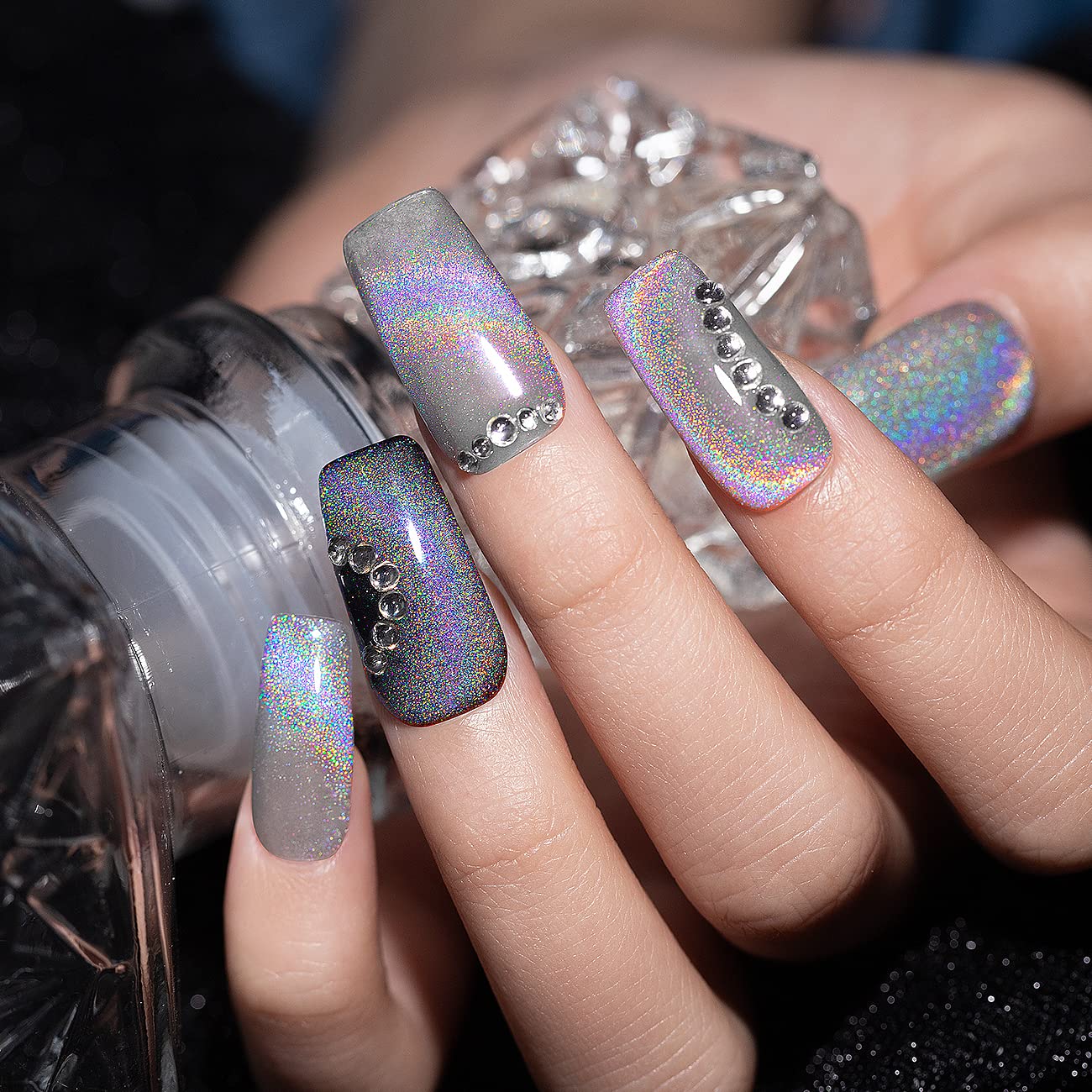 Rarjsm Silver Holographic Glitter Gel Cat Eye Gel Nail Polish, Gel Polish Galaxy Rainbow Effect Universal Without Magnet Soak Of