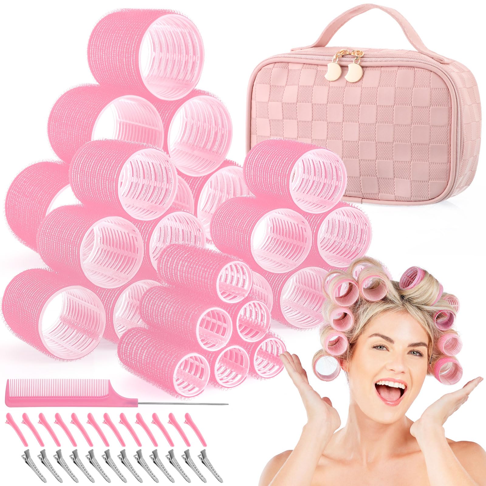 obeoby 50 Pcs in 1 Pack 4 Sizes Hair Rollers with Gift Makeup Bag, 24 Pcs Rollers Hair Curlers Self Grip Hair Rollers with 24 Pc