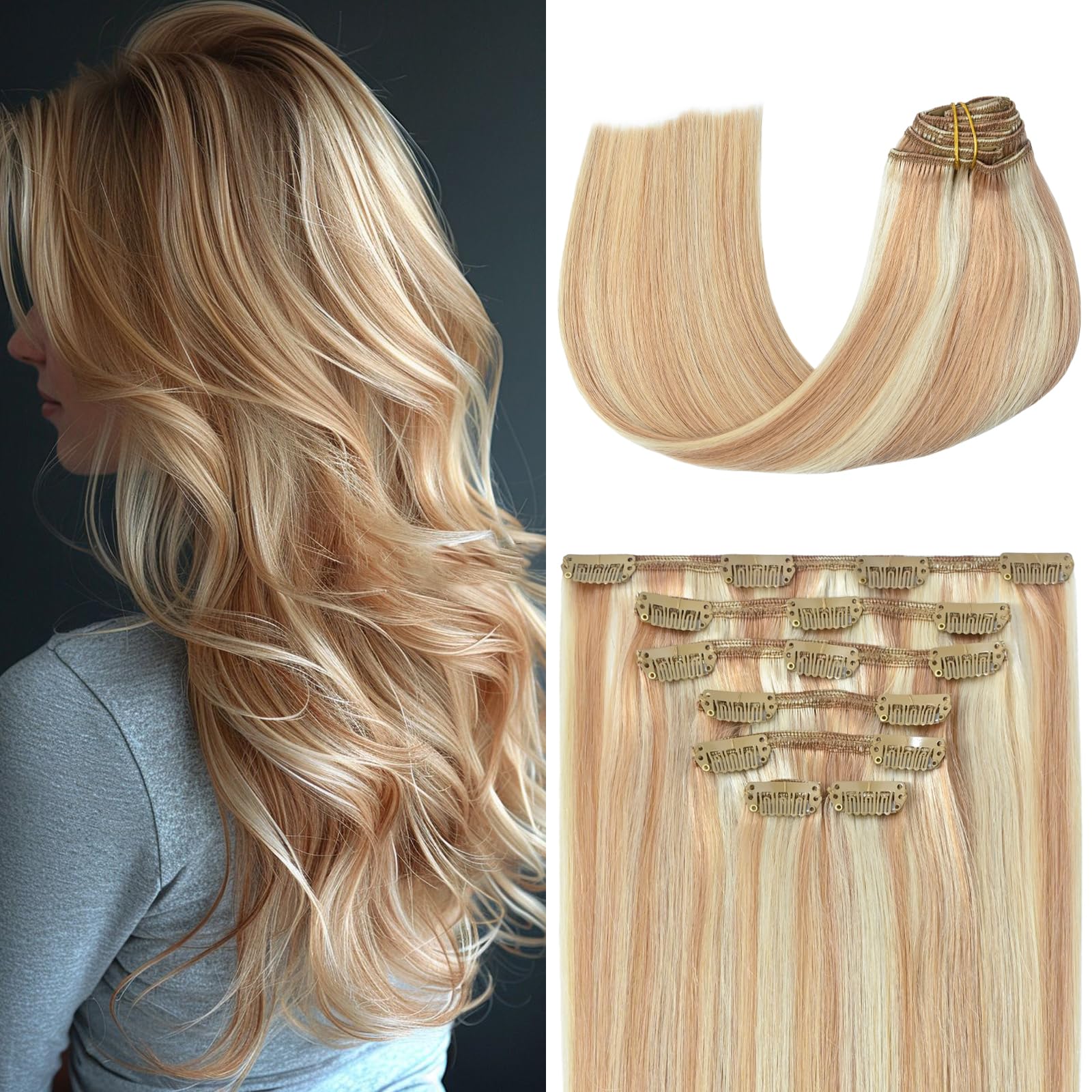 Aison Clip in Hair Extensions Real Human Hair Strawberry Blonde to Bleach Blonde Human Hair Extensions 20 Inch Straight Double W