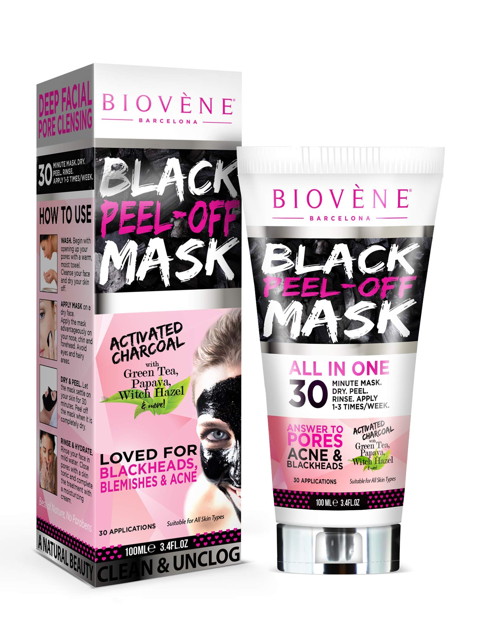 Biov?ne Black Peel-Off Mask, 3.4 oz Tube, Black Face Mask to Combat Acne, Blemishes and Blackheads with Activated Charcoal, Aloe