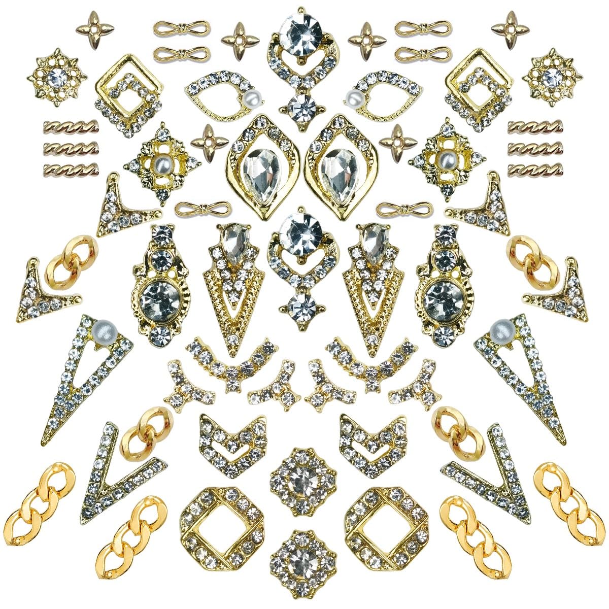 qiipii 62pcs Golden Alloy Nail Charms Bulk Luxury Rhinestones Charms for Nails Metal 3D Gold Nail Art Gems Crystals Diamonds Jew