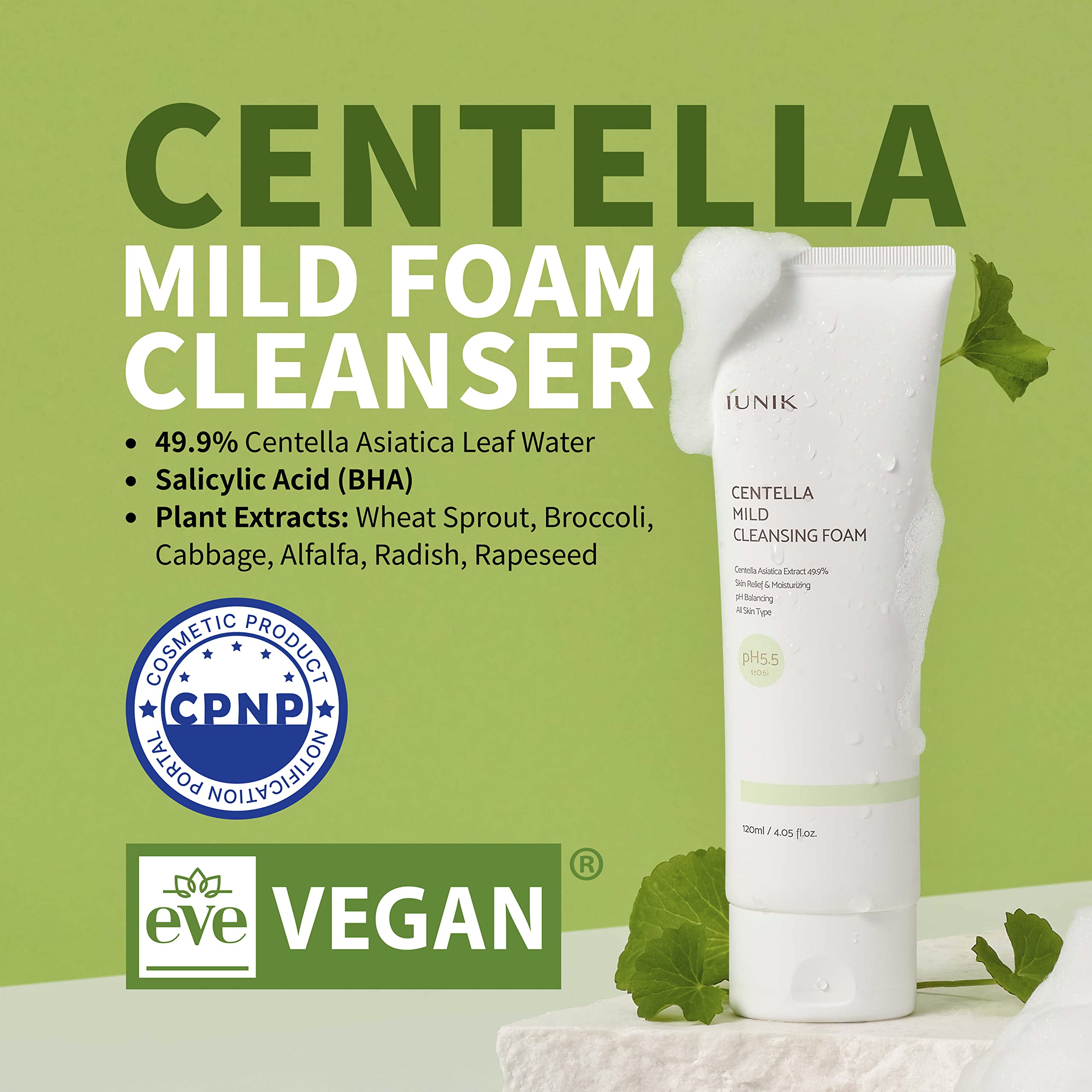 Iunik Centella Mild Foaming Facial Cleanser Sub-Acid 4 Fl. Oz. 49% Centella Asiatica Extract/Skin Relief Moisturizing Ph Balanci