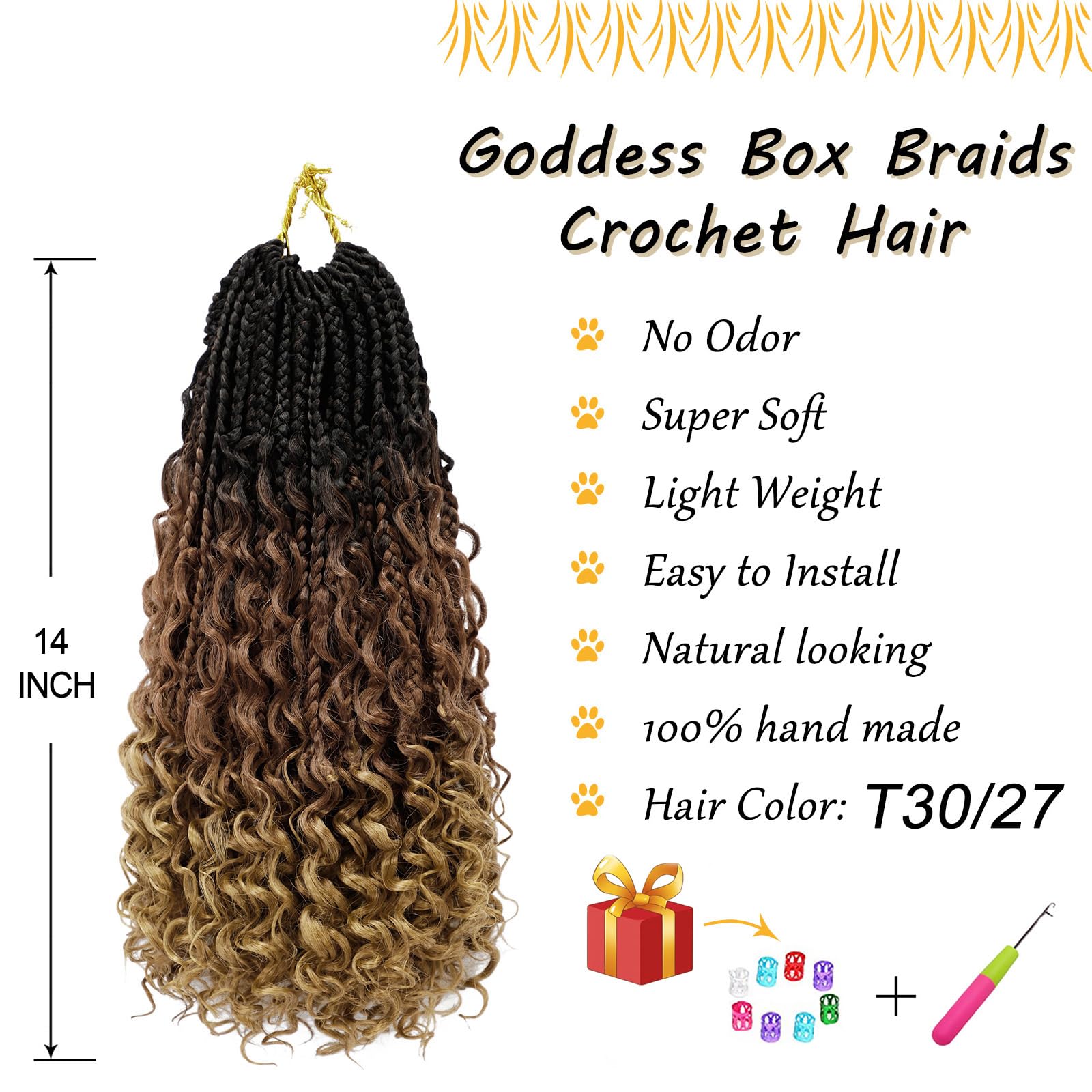 Goddess Box Braids Crochet Hair 14 Inch Pre-Looped Bohomian Crochet Box Braids Curly Ends 8 Packs 3X Crochet Braids For Women Sy
