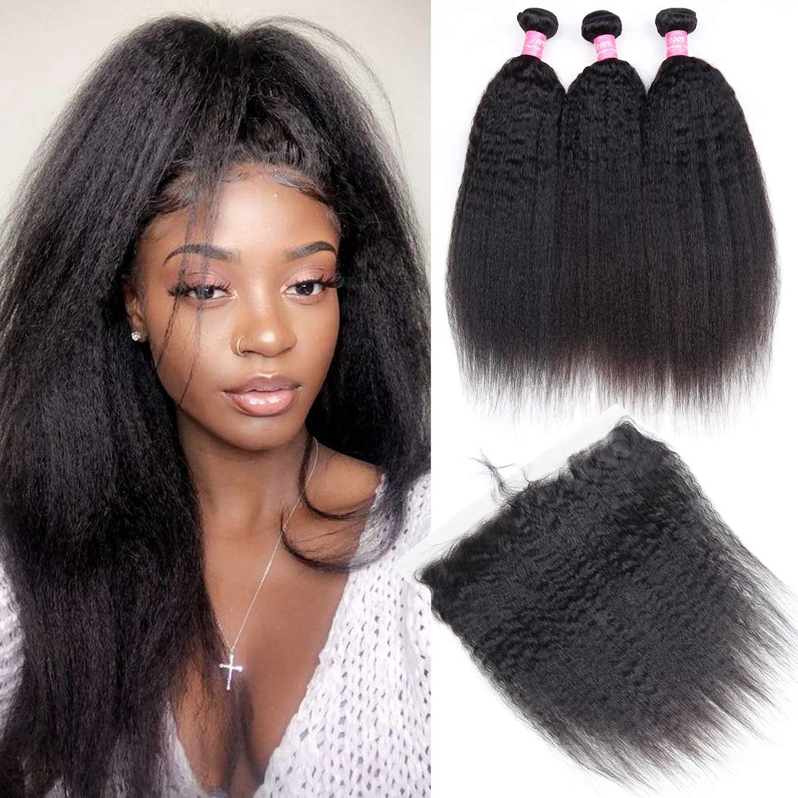 Odir Kinky Straight Bundles with 13x4 Frontal Brazilian Human Hair 18 20 22+16 Inch Unprocessed 9A Yaki Straight Virgin Hair 3 B